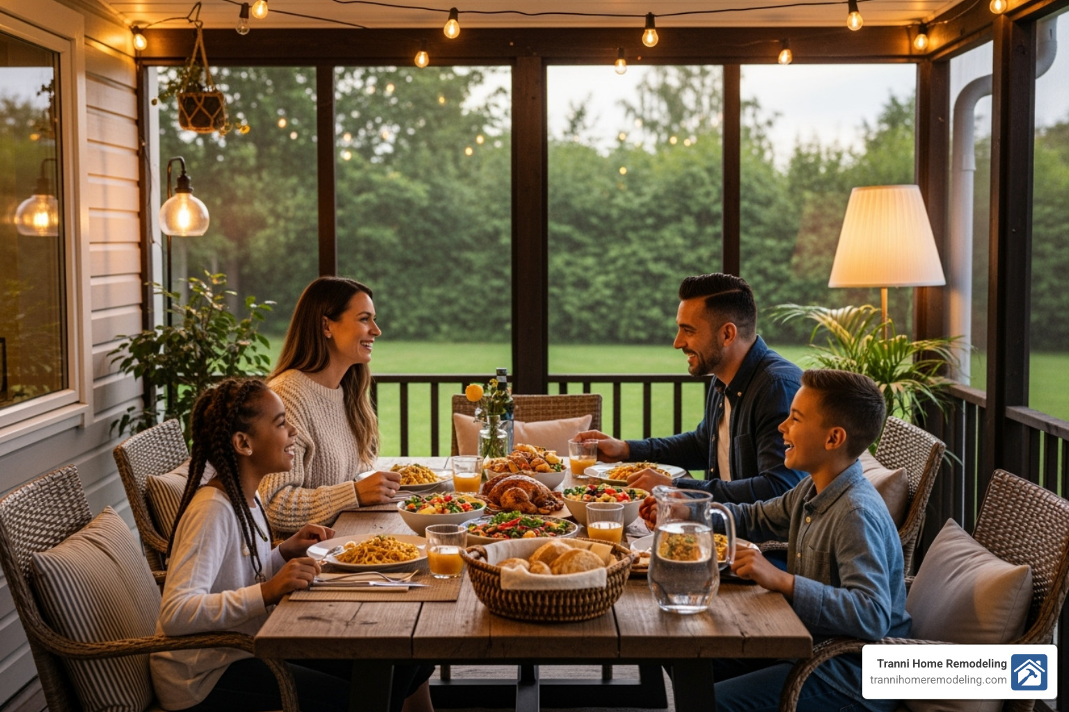 family enjoying a meal on their cozy, well-lit enclosed porch - enclosed porch contractors near me