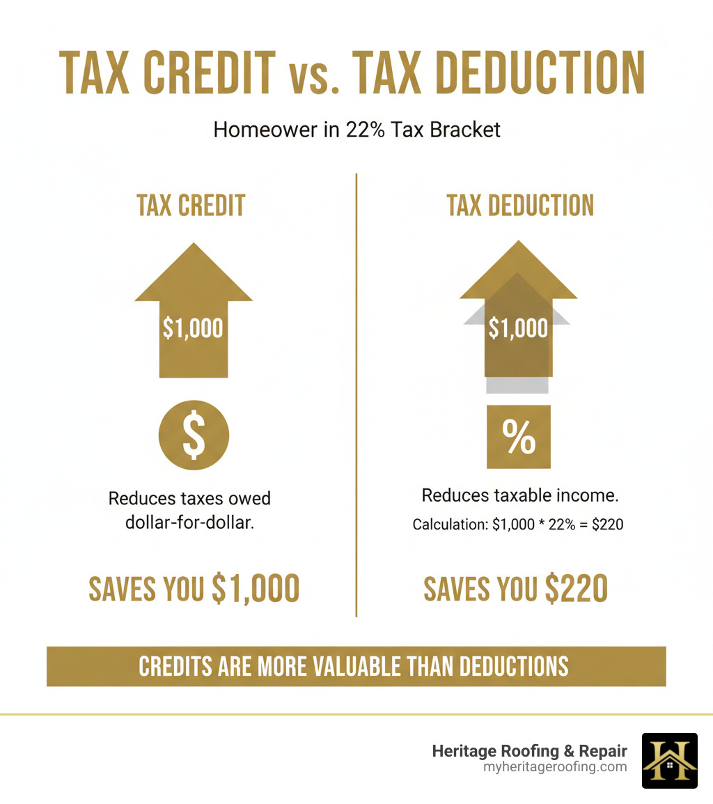 Table comparing a $1,000 tax credit vs. a $1,000 tax deduction for a homeowner in the 22% tax bracket, showing the credit saves $1,000 while the deduction saves $220 - does replacing ashphalt roof shingles qualify for residential energy credit infographic Table comparing a $1,000 tax credit vs. a $1,000 tax deduction for a homeowner in the 22% tax bracket, showing the credit saves $1,000 while the deduction saves $220 - does replacing ashphalt roof shingles qualify for residential energy credit infographic