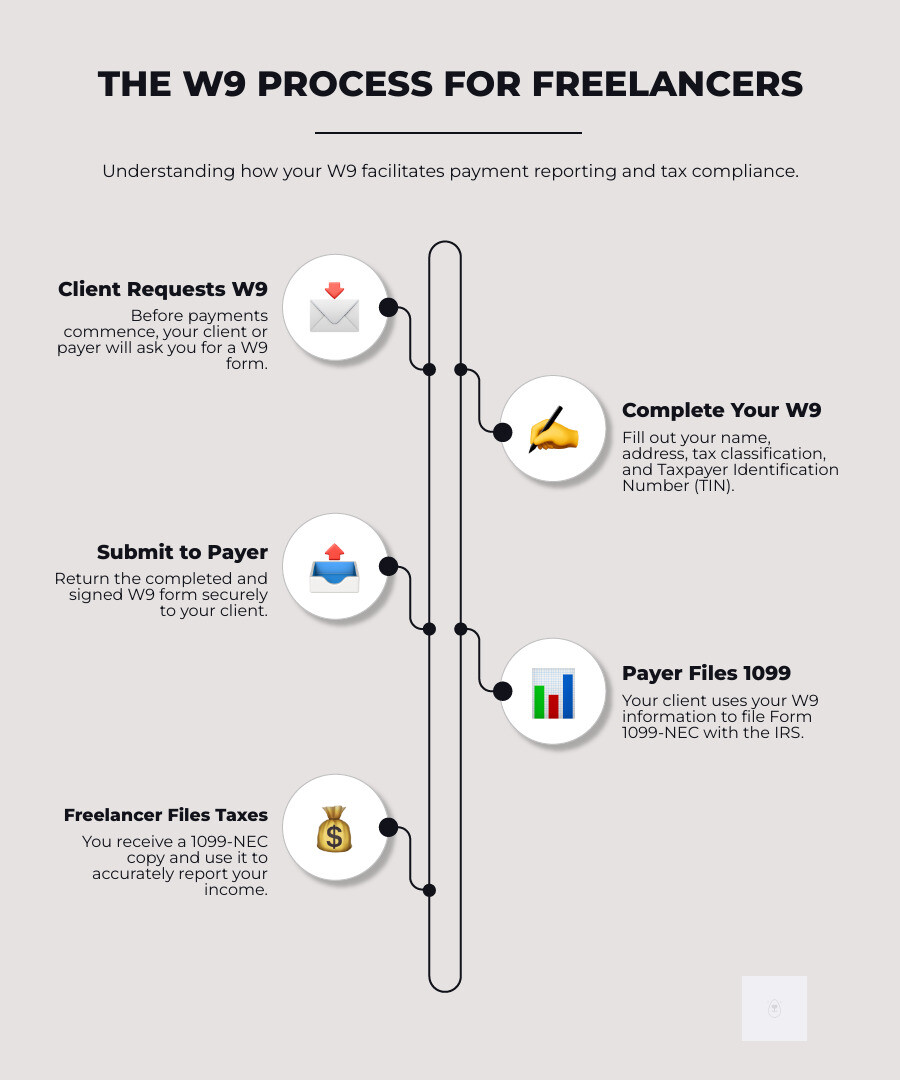 Infographic showing the W9 process: Freelancer completes W9 form, submits to client, client files 1099 with IRS at year-end, freelancer receives 1099 copy for tax filing - When to use W9 infographic infographic-line-5-steps-elegant_beige