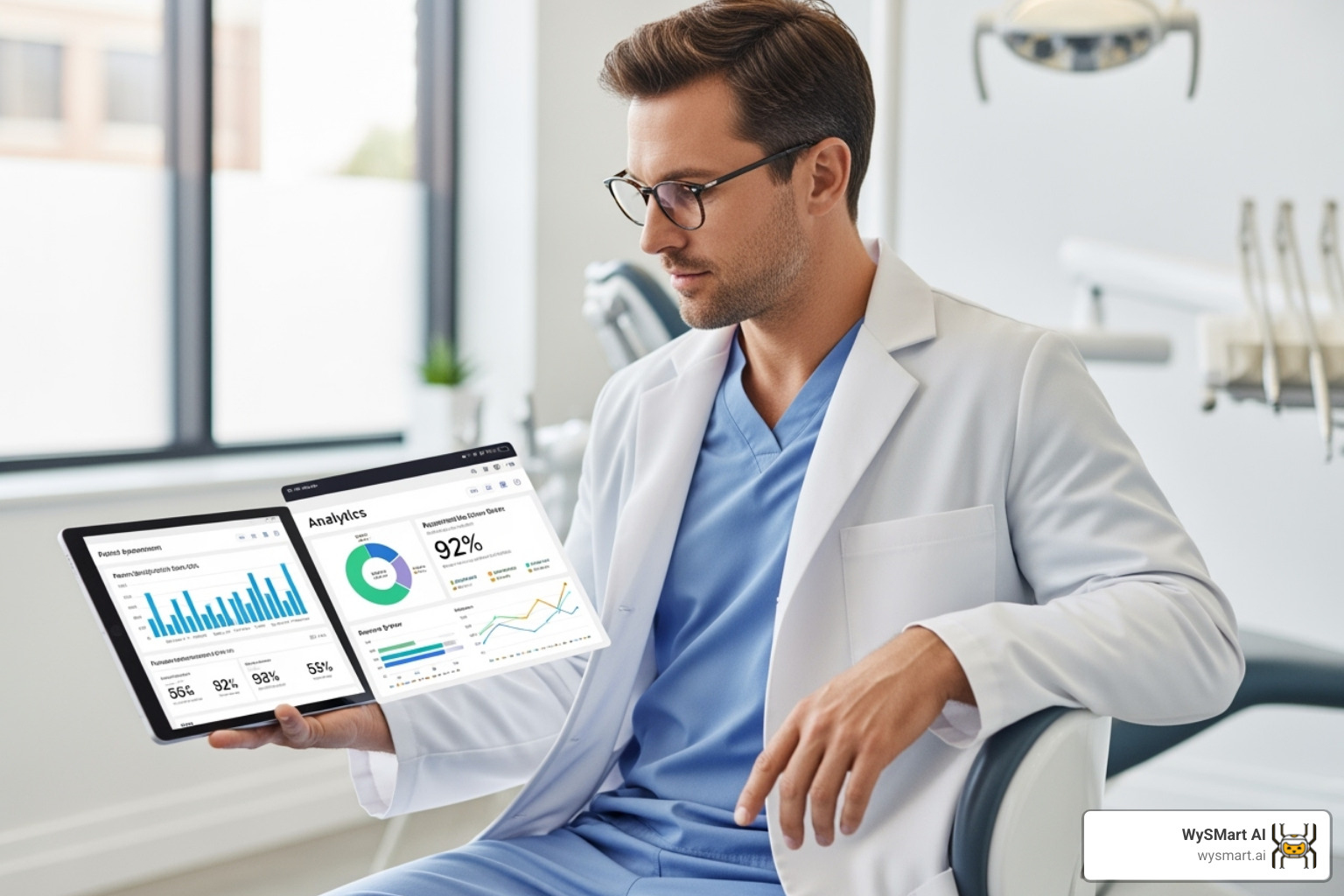 dentist looking at an analytics dashboard on a tablet - dental practices - ai funnels & conversion dentist looking at an analytics dashboard on a tablet - dental practices - ai funnels & conversion