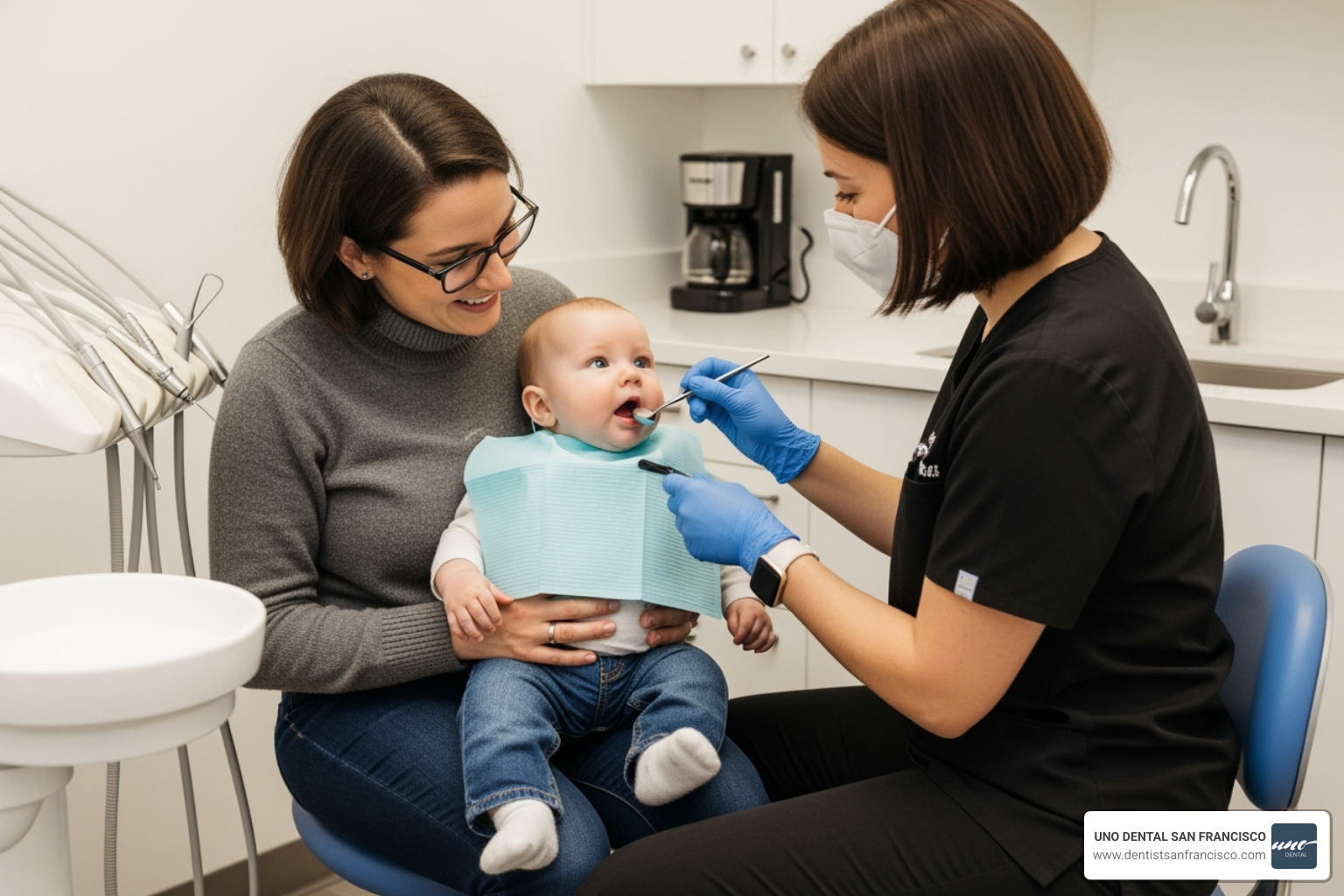 UNO DENTAL dentist and parent in a "knee-to-knee" examination with a baby - 1st dentist appointment UNO DENTAL dentist and parent in a "knee-to-knee" examination with a baby - 1st dentist appointment