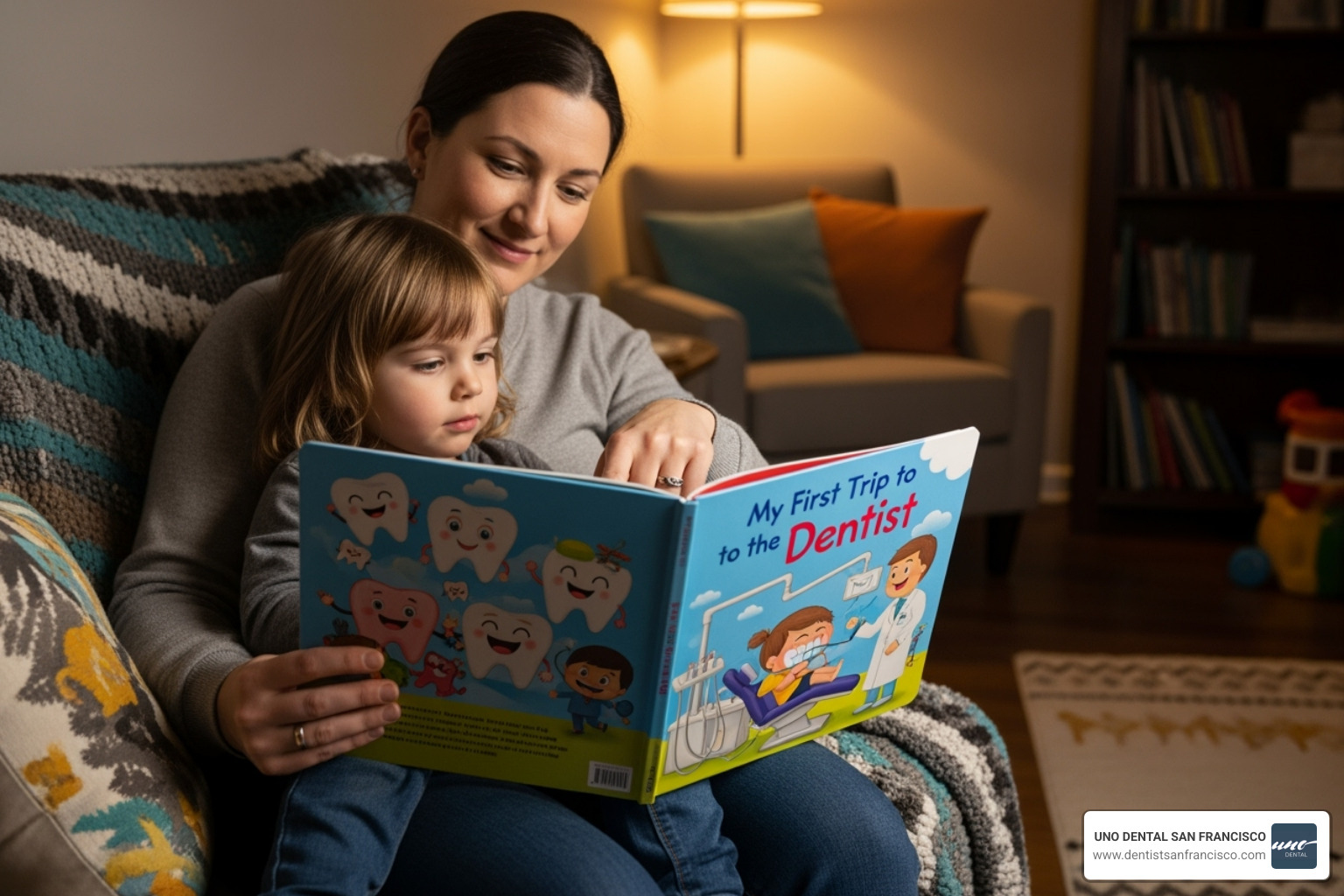 parent reading a book about the dentist to their child - 1st dentist appointment parent reading a book about the dentist to their child - 1st dentist appointment