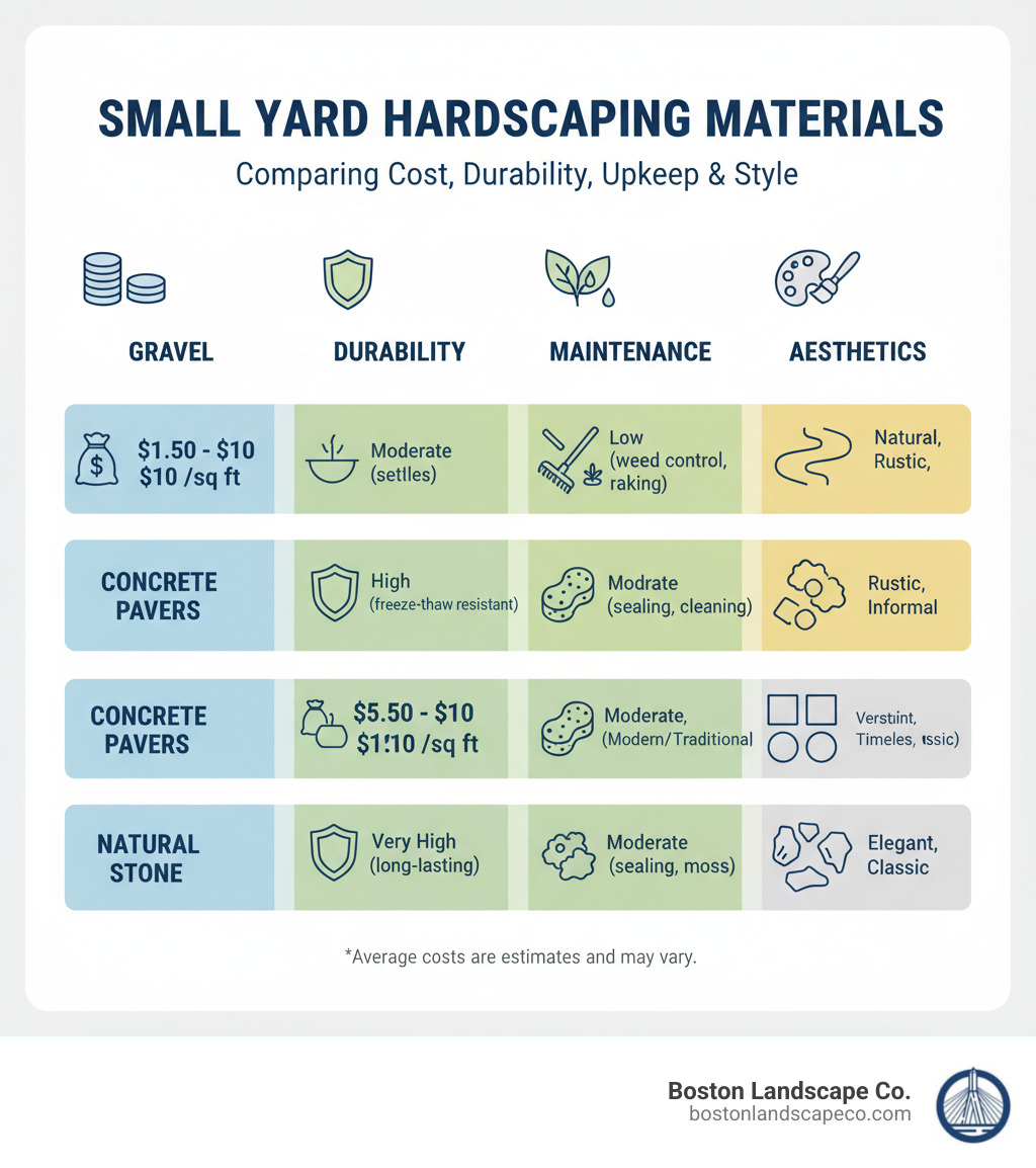 Table comparing popular hardscaping materials on cost, durability, maintenance, and aesthetics - small yard hardscape infographic 