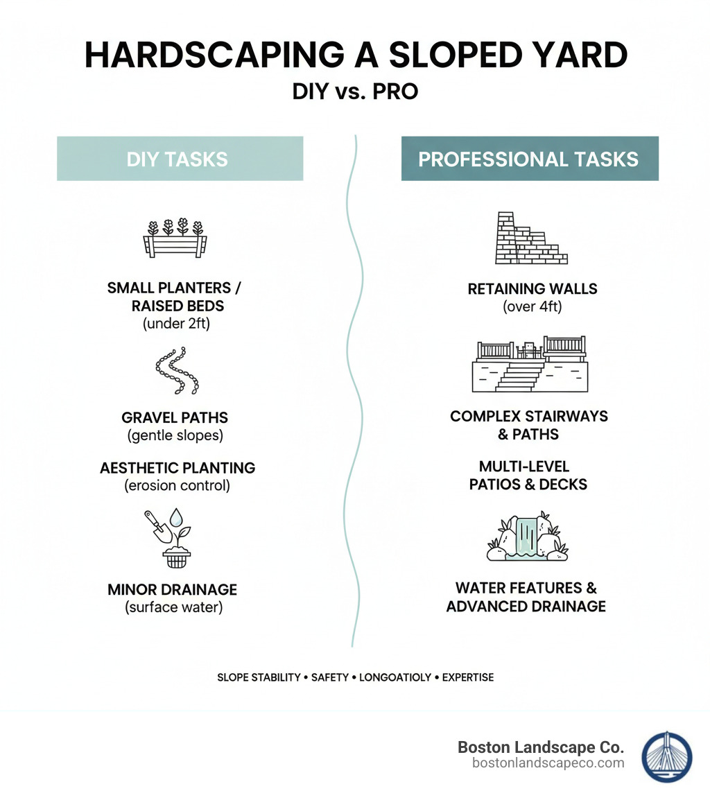 Infographic comparing DIY hardscaping tasks vs. professional hardscaping tasks for sloped yards, including examples like small planters for DIY and retaining walls over 4ft for professional - hardscaping sloped yard infographic Infographic comparing DIY hardscaping tasks vs. professional hardscaping tasks for sloped yards, including examples like small planters for DIY and retaining walls over 4ft for professional - hardscaping sloped yard infographic