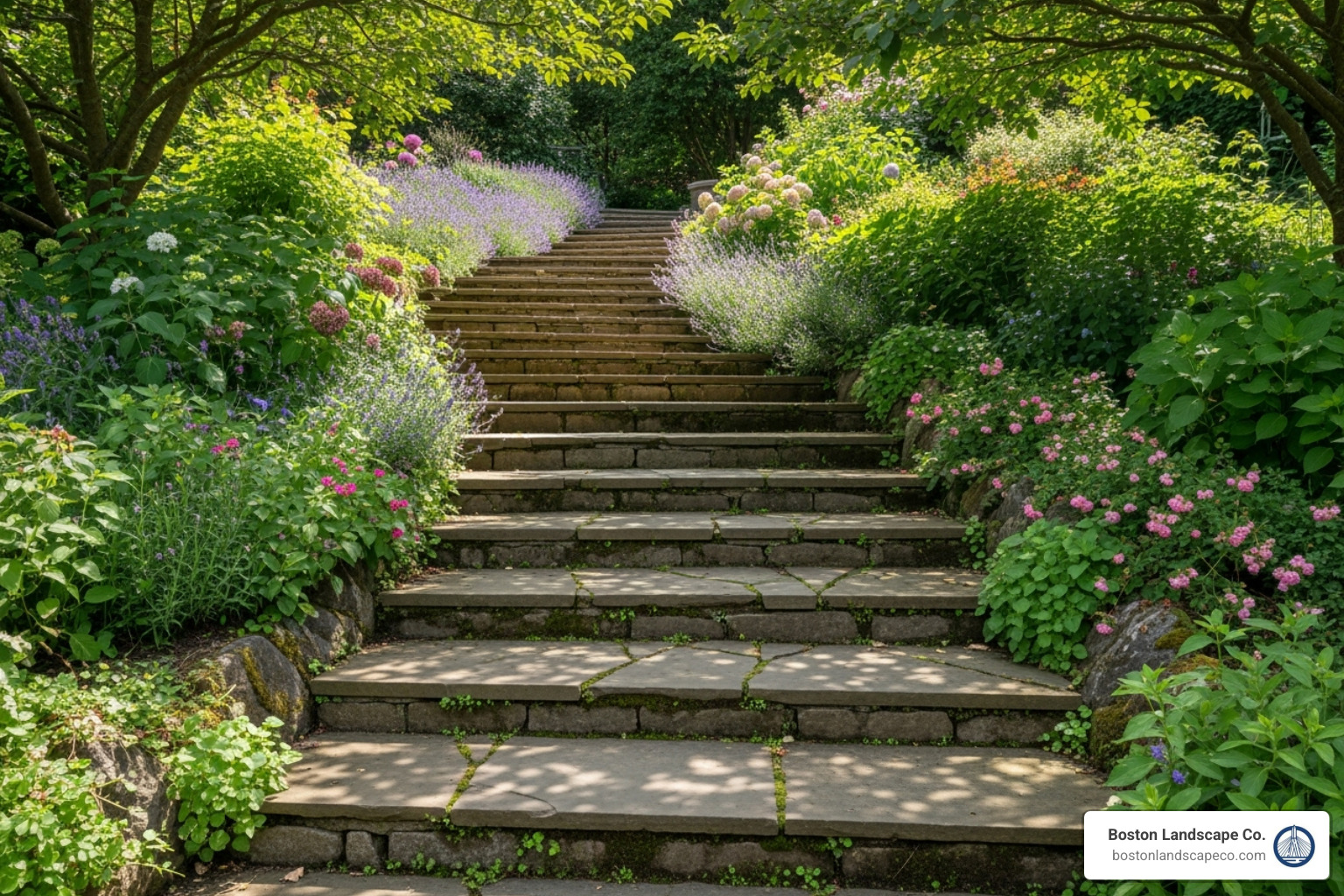 wide, meandering stone steps flanked by lush plantings on a slope - hardscaping sloped yard wide, meandering stone steps flanked by lush plantings on a slope - hardscaping sloped yard