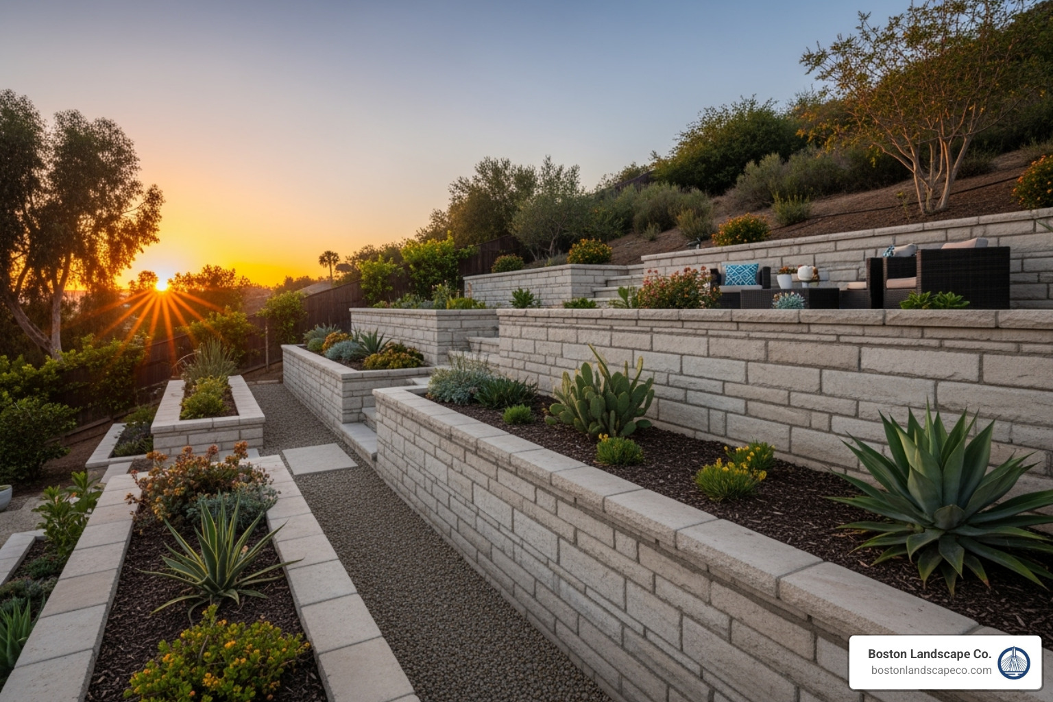 A stepped concrete retaining wall on a sloped Southern California lot, showing how hardscaping creates usable, level terraces - hardscaping your yard A stepped concrete retaining wall on a sloped Southern California lot, showing how hardscaping creates usable, level terraces - hardscaping your yard
