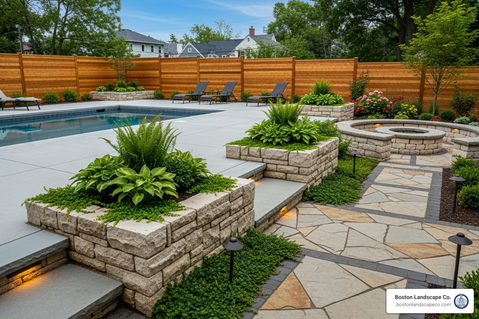 A multi-material backyard featuring a concrete pool deck, wood fencing, and stone planters, showcasing diverse hardscaping elements - hardscaping your yard A multi-material backyard featuring a concrete pool deck, wood fencing, and stone planters, showcasing diverse hardscaping elements - hardscaping your yard