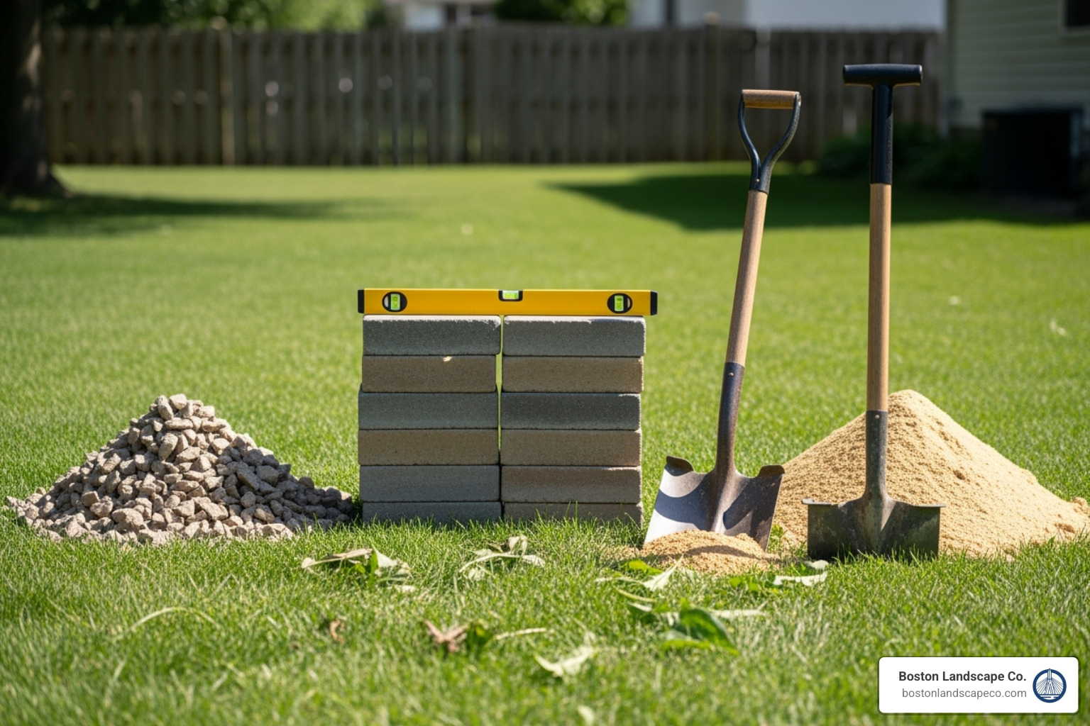 Tools and materials like pavers, gravel, sand, a shovel, tamper, and level laid out on a lawn - Paver walkway installation