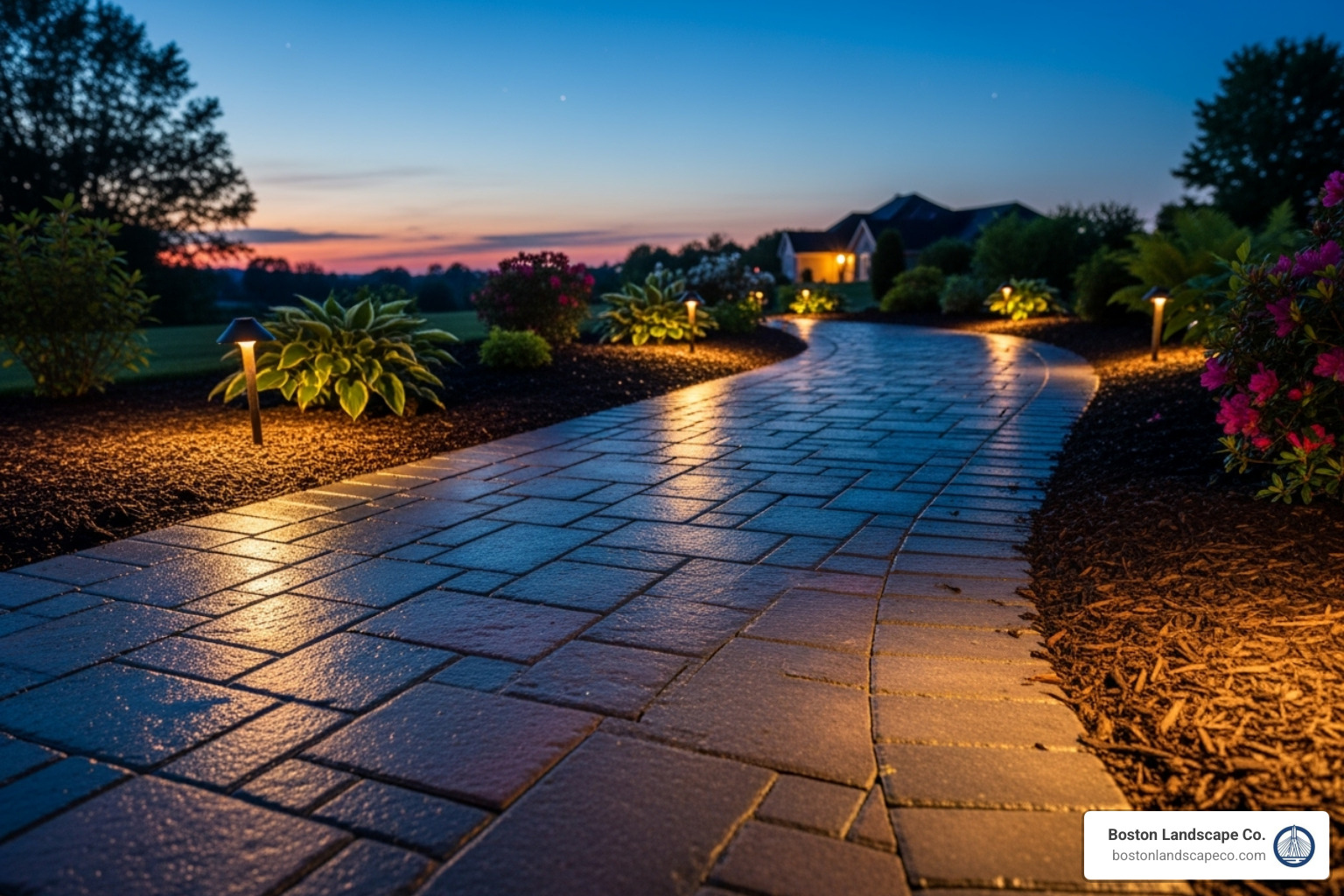A finished paver walkway at dusk with landscape lighting and fresh mulch - Paver walkway installation