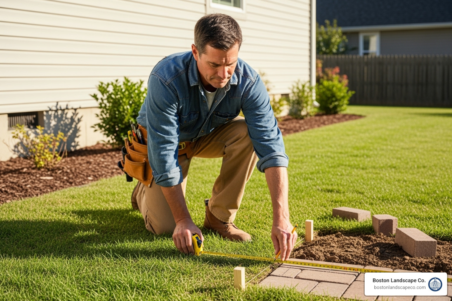 contractor measuring an area for a new walkway - Brick walkway cost