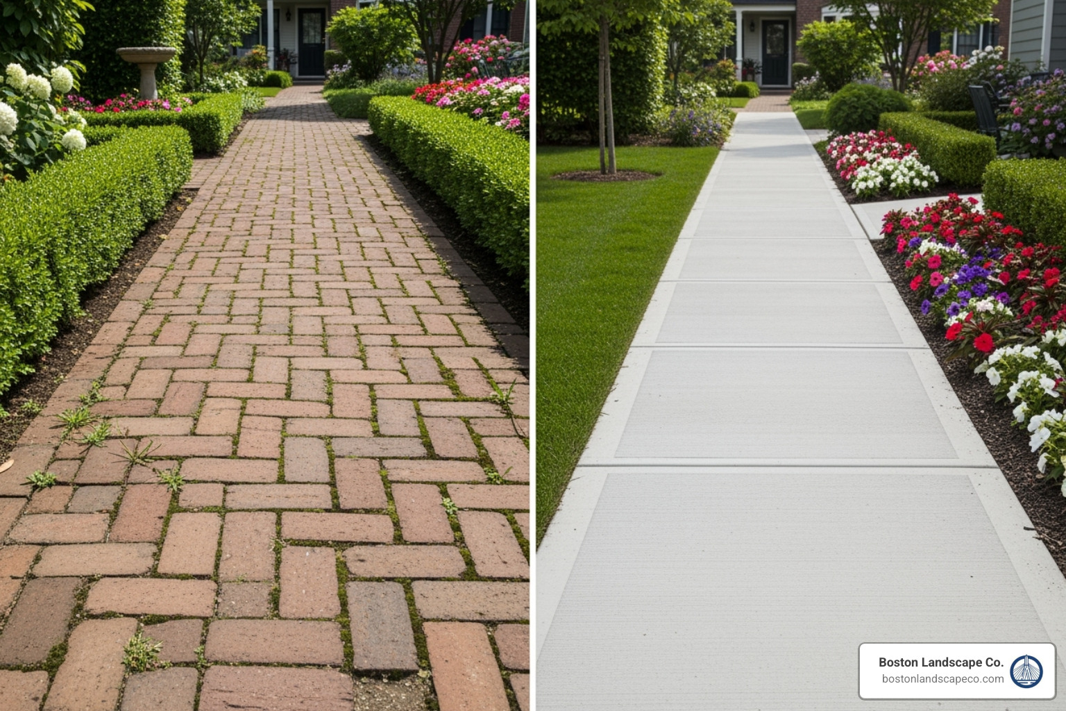 side-by-side of a brick path and another walkway material - Brick walkway cost