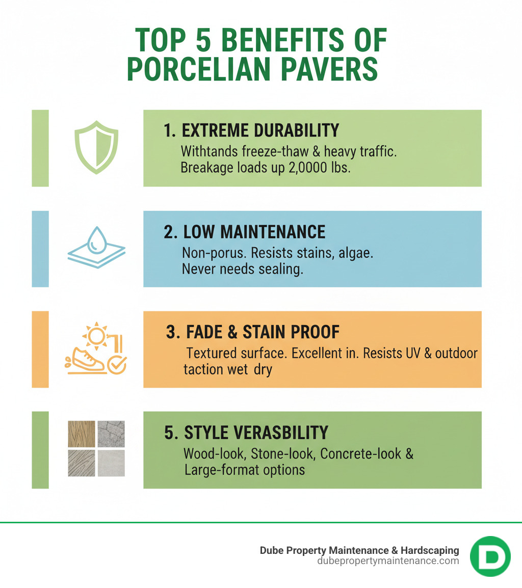 Infographic showing the Top 5 Benefits of Porcelain Pavers: 1. Extreme Durability - withstands freeze-thaw cycles and heavy traffic with breakage loads up to 2,000 lbs, 2. Low Maintenance - non-porous surface resists stains and algae, never needs sealing, 3. Slip Resistance - textured surface provides excellent traction even when wet, 4. Fade and Stain Proof - color fired into the tile resists UV fading and outdoor stains, 5. Style Versatility - available in wood-look, stone-look, concrete-look, and large-format options - porcelain paving installers near me infographic Infographic showing the Top 5 Benefits of Porcelain Pavers: 1. Extreme Durability - withstands freeze-thaw cycles and heavy traffic with breakage loads up to 2,000 lbs, 2. Low Maintenance - non-porous surface resists stains and algae, never needs sealing, 3. Slip Resistance - textured surface provides excellent traction even when wet, 4. Fade and Stain Proof - color fired into the tile resists UV fading and outdoor stains, 5. Style Versatility - available in wood-look, stone-look, concrete-look, and large-format options - porcelain paving installers near me infographic