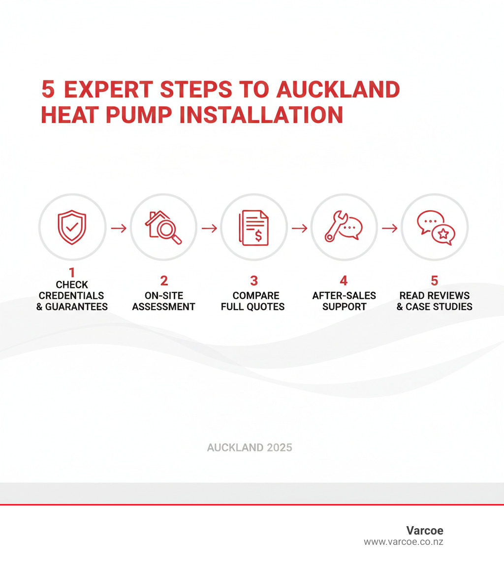 Five-step process showing: 1) Check credentials and guarantees, 2) Get an on-site assessment, 3) Compare full quotes, 4) Confirm after-sales support, 5) Read reviews and case studies - heat pump installation auckland infographic 