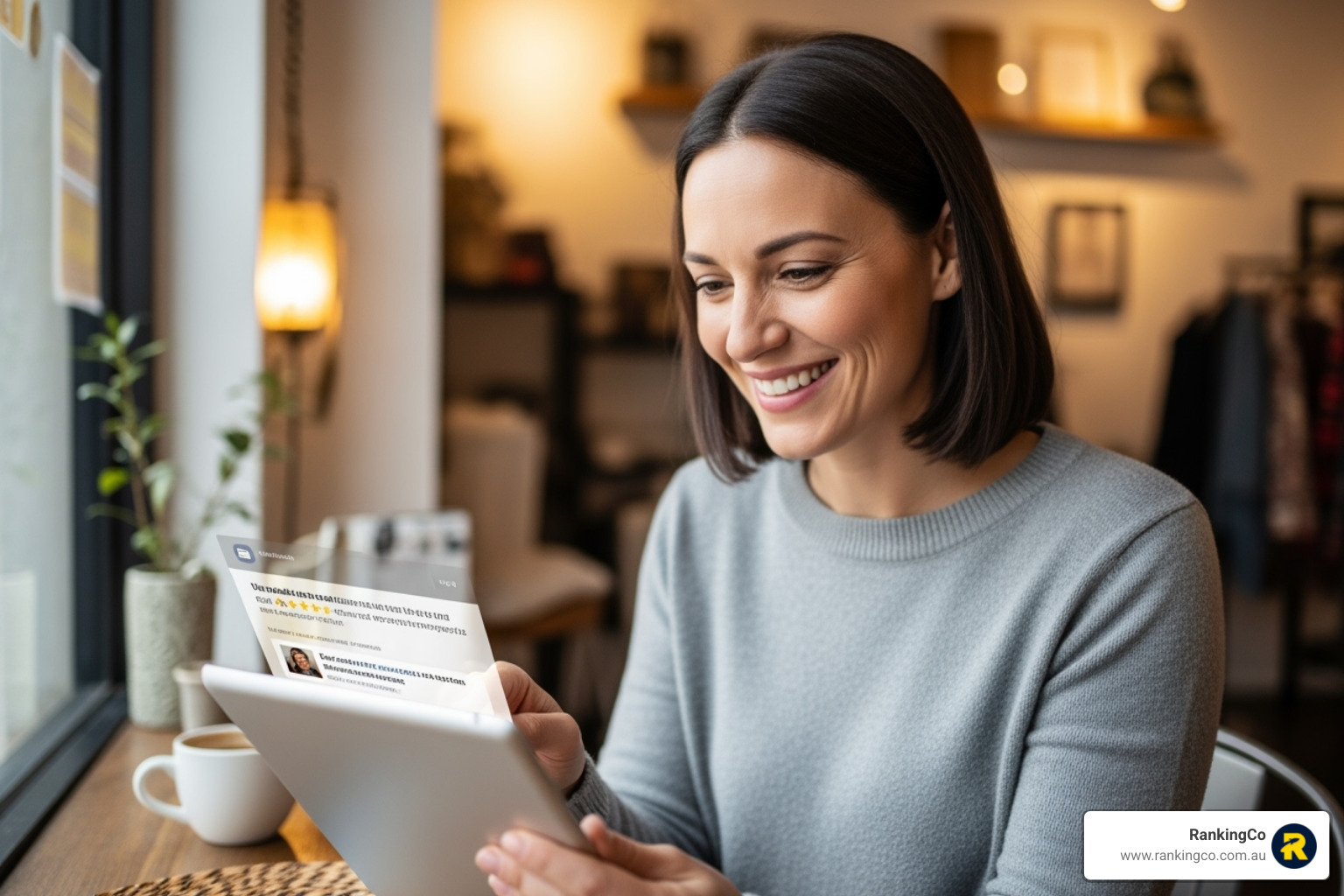 Small business owner reading positive comments on a tablet, highlighting engagement benefits. - what is a social media engagement