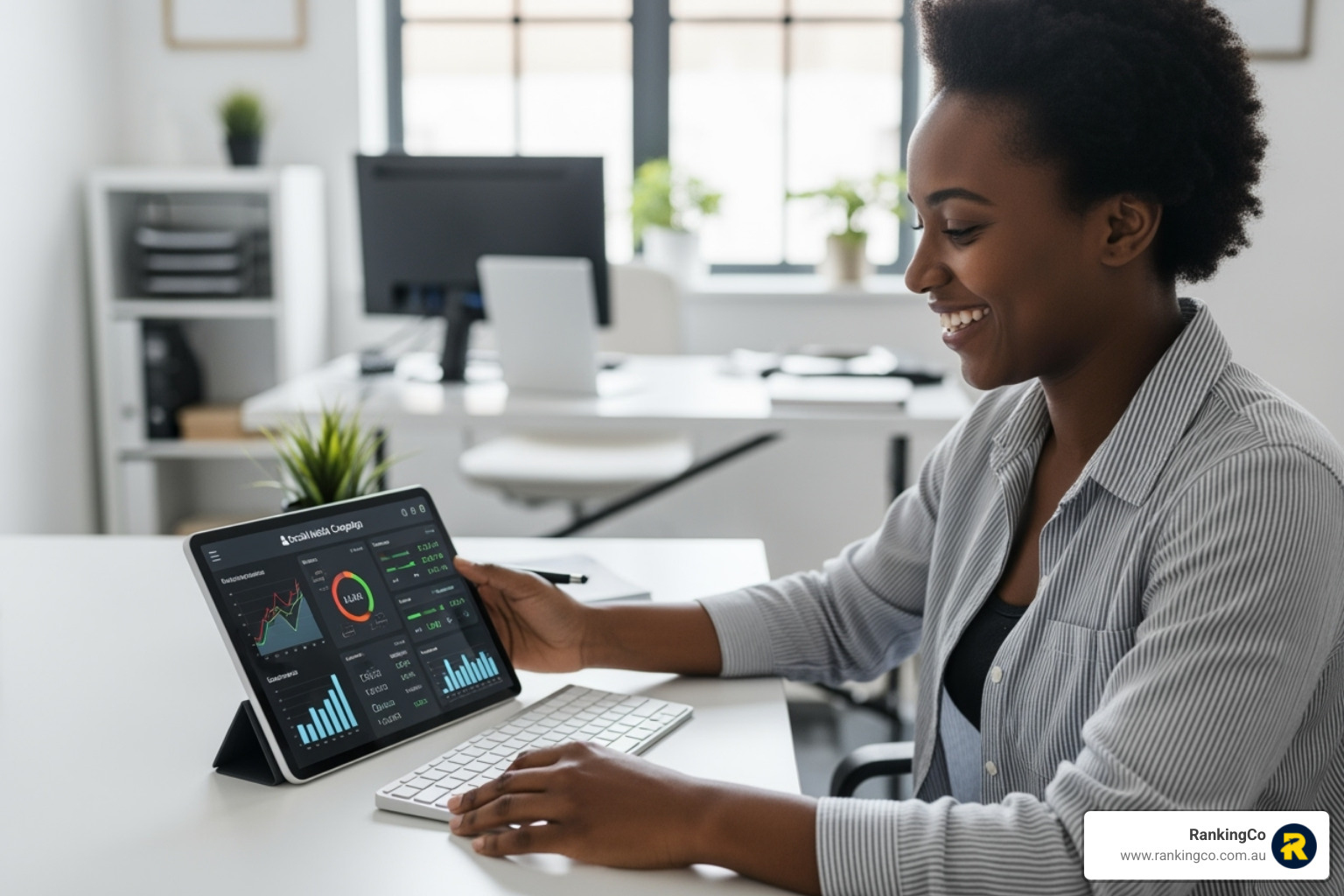 small business owner looking at successful social media campaign on tablet - social media engagement kpis