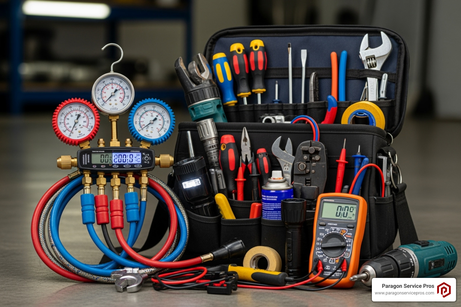 technician's tool bag with gauges and tools - ac maintenance gilbert, az