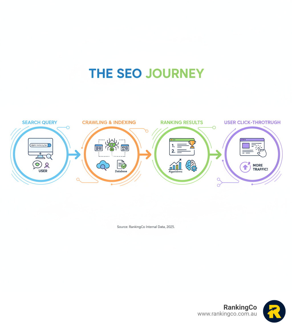 Infographic showing the journey from a user typing a search query into Google, to Google crawling and indexing websites, to ranking results, and finally the user clicking through to a website - Digital marketing SEO infographic 