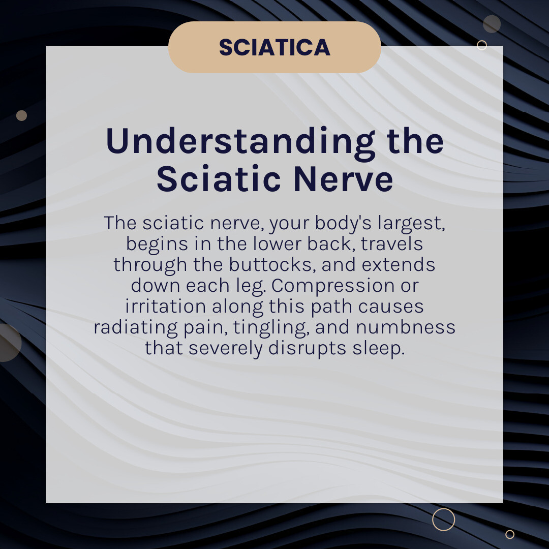 infographic showing the sciatic nerve pathway from the lower back through the buttocks and down each leg, with labeled areas where compression commonly occurs and typical pain radiation patterns - how to sleep with sciatica infographic simple-info-card-dark