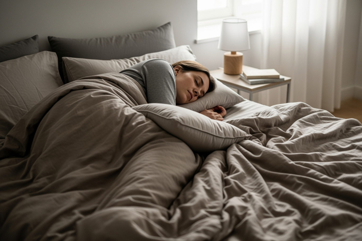 person sleeping on their side with a pillow between their knees - how to sleep with sciatica