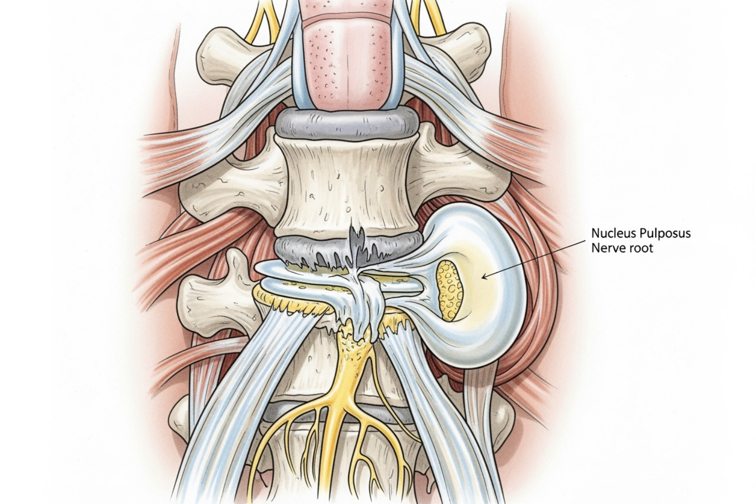 Image of a herniated disc pressing on a nerve root - painful sciatic nerve Image of a herniated disc pressing on a nerve root - painful sciatic nerve