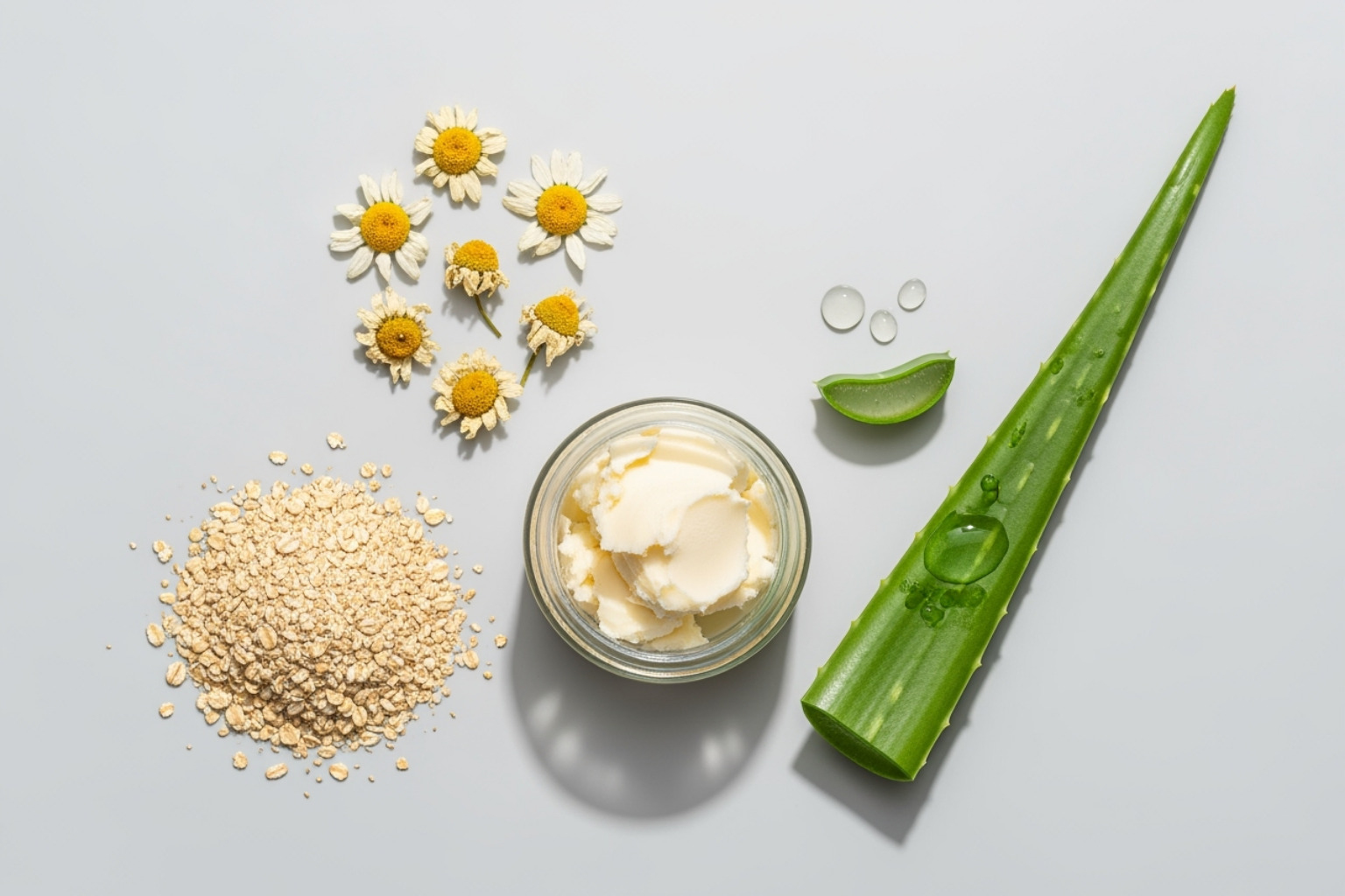 Flat lay of various soothing ingredients including colloidal oatmeal, chamomile flowers, aloe vera leaf, and a jar of shea butter - soothing skin cream