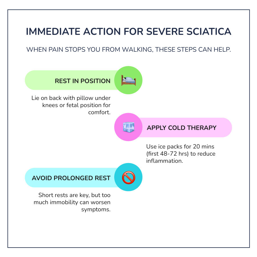 Infographic showing the sciatic nerve pathway from the lumbar spine (L4-L5, S1-S3 nerve roots) through the buttocks and down the back of the leg to the foot, with highlighted compression points including herniated disc, spinal stenosis, and piriformis muscle, along with common pain patterns and the 5 immediate action steps listed above - sciatica pain so bad can't walk infographic infographic-line-3-steps-colors