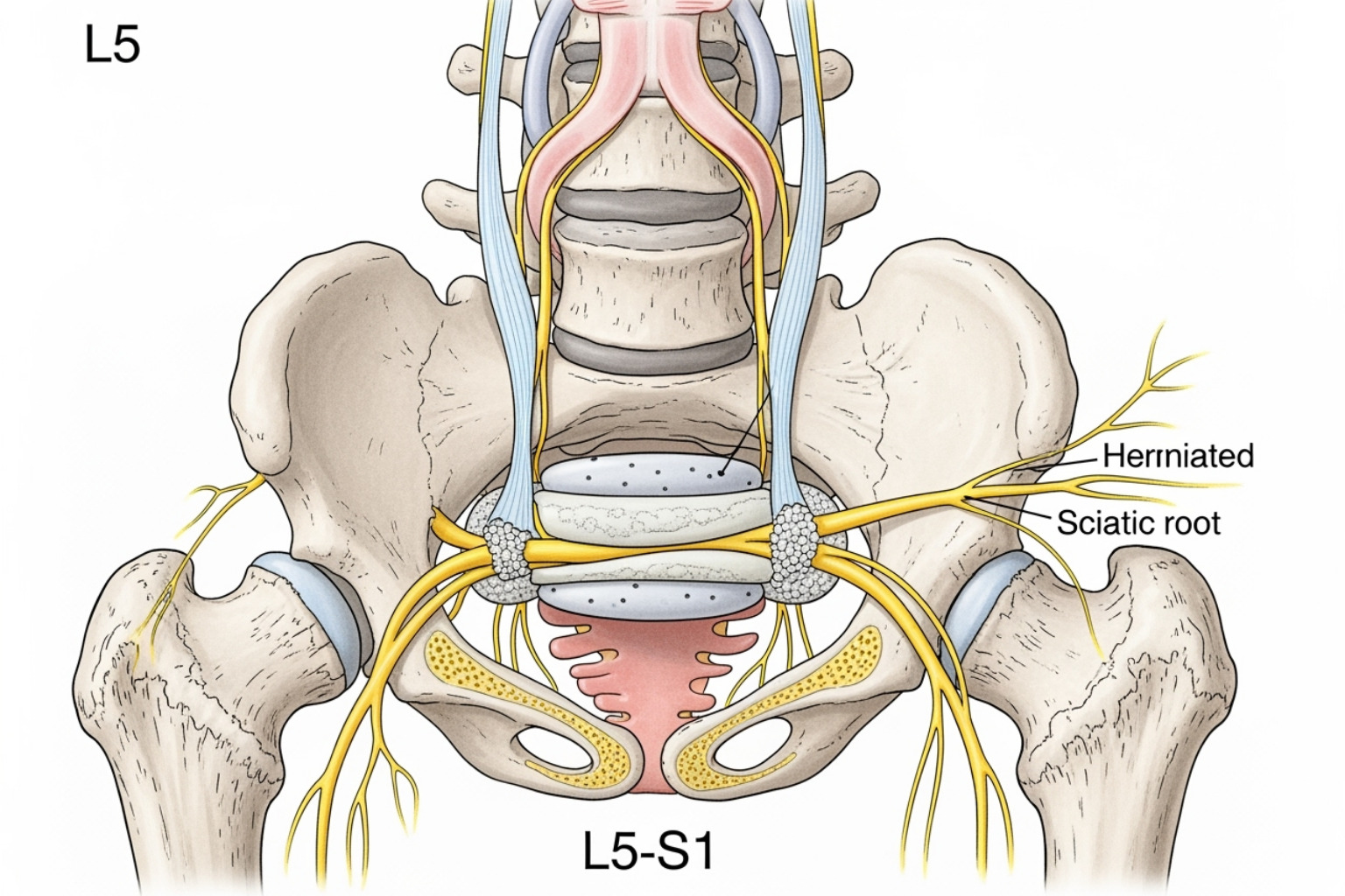 illustrating a herniated disc pressing on the sciatic nerve root - sciatica pain so bad can't walk