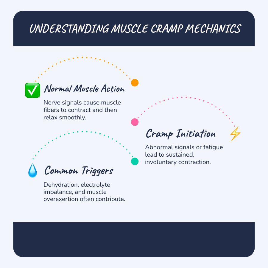 infographic showing the mechanism of a muscle cramp: normal muscle contraction versus involuntary sustained contraction, highlighting nerve signals, muscle fibers tightening, and common trigger points like dehydration and electrolyte imbalance - Muscle cramps infographic infographic-line-3-steps-blues-accent_colors