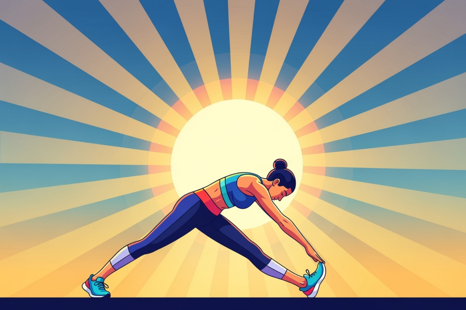 vibrant illustration of a person stretching their hamstrings, with a sun in the background, symbolizing a warm-up - muscle pull and strain vibrant illustration of a person stretching their hamstrings, with a sun in the background, symbolizing a warm-up - muscle pull and strain