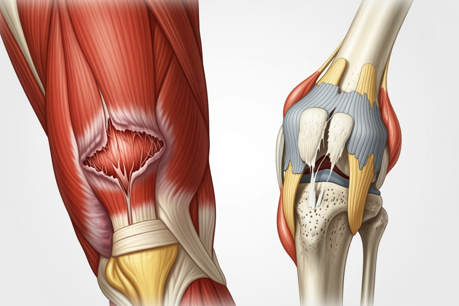 illustration showing a muscle strain (tear in muscle fibers) on one side and a ligament sprain (tear in ligament) on the other, highlighting the different anatomical locations - muscle pull and strain illustration showing a muscle strain (tear in muscle fibers) on one side and a ligament sprain (tear in ligament) on the other, highlighting the different anatomical locations - muscle pull and strain