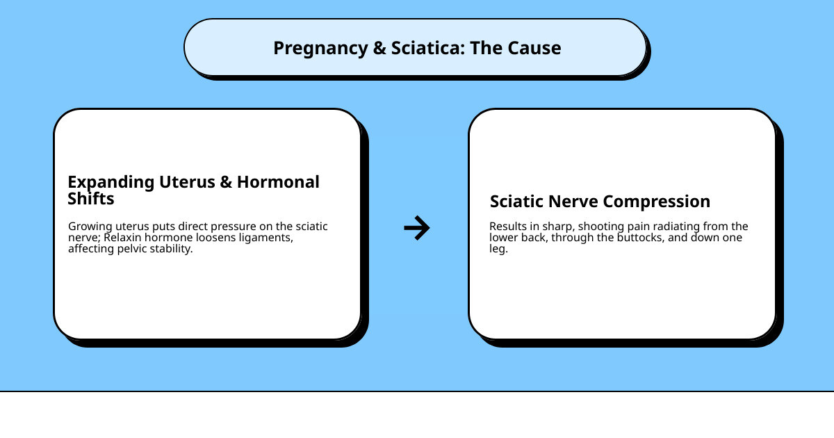 infographic showing the sciatic nerve pathway from lower back through buttocks and down the leg, with highlighted pressure points where the expanding uterus can compress the nerve during pregnancy, including labels for common pain trigger areas - pregnancy and sciatica nerve infographic cause_effect_text infographic showing the sciatic nerve pathway from lower back through buttocks and down the leg, with highlighted pressure points where the expanding uterus can compress the nerve during pregnancy, including labels for common pain trigger areas - pregnancy and sciatica nerve infographic cause_effect_text