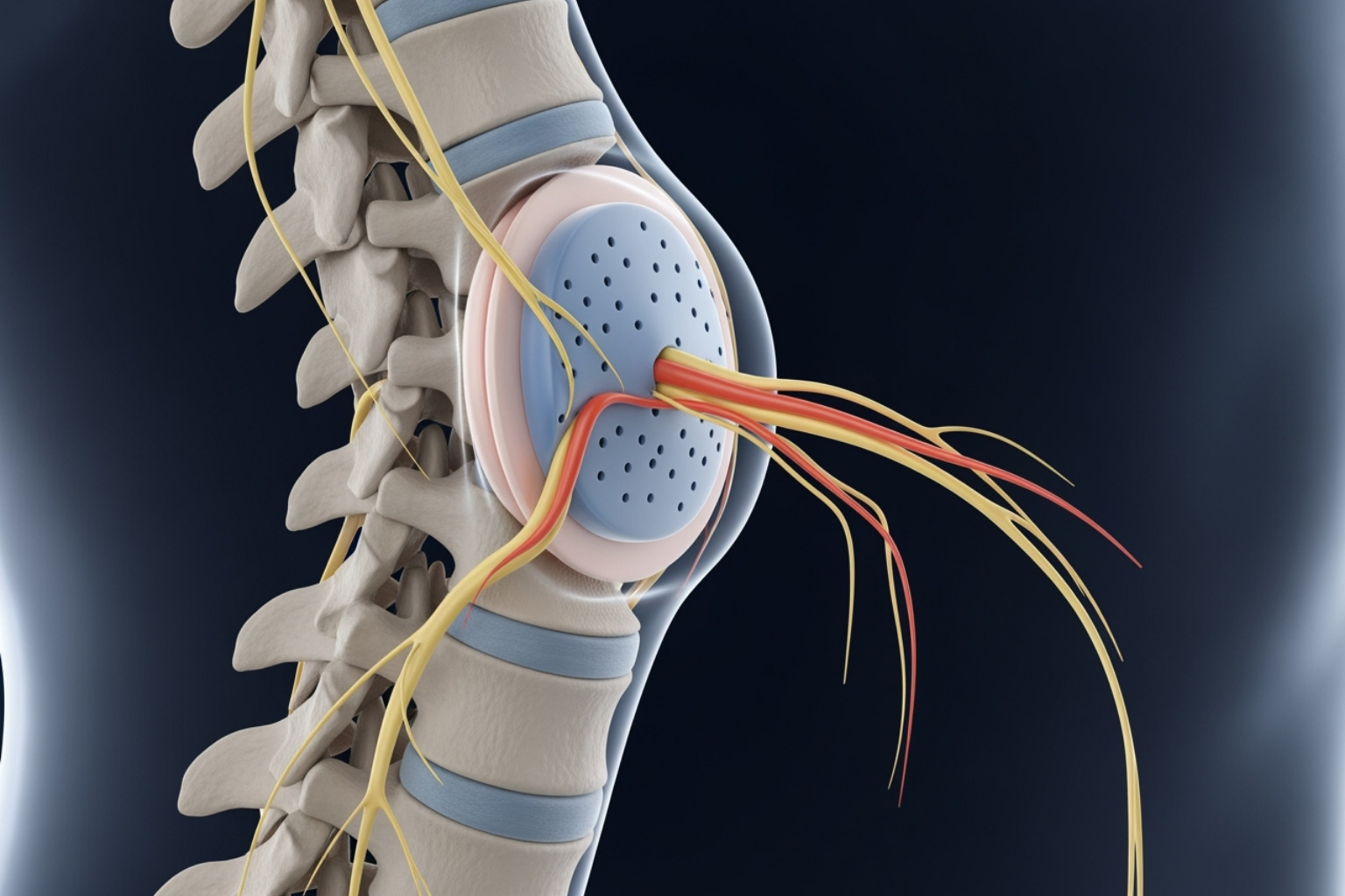 Illustration of a bulging disc pressing on a spinal nerve root - sciatica causes Illustration of a bulging disc pressing on a spinal nerve root - sciatica causes