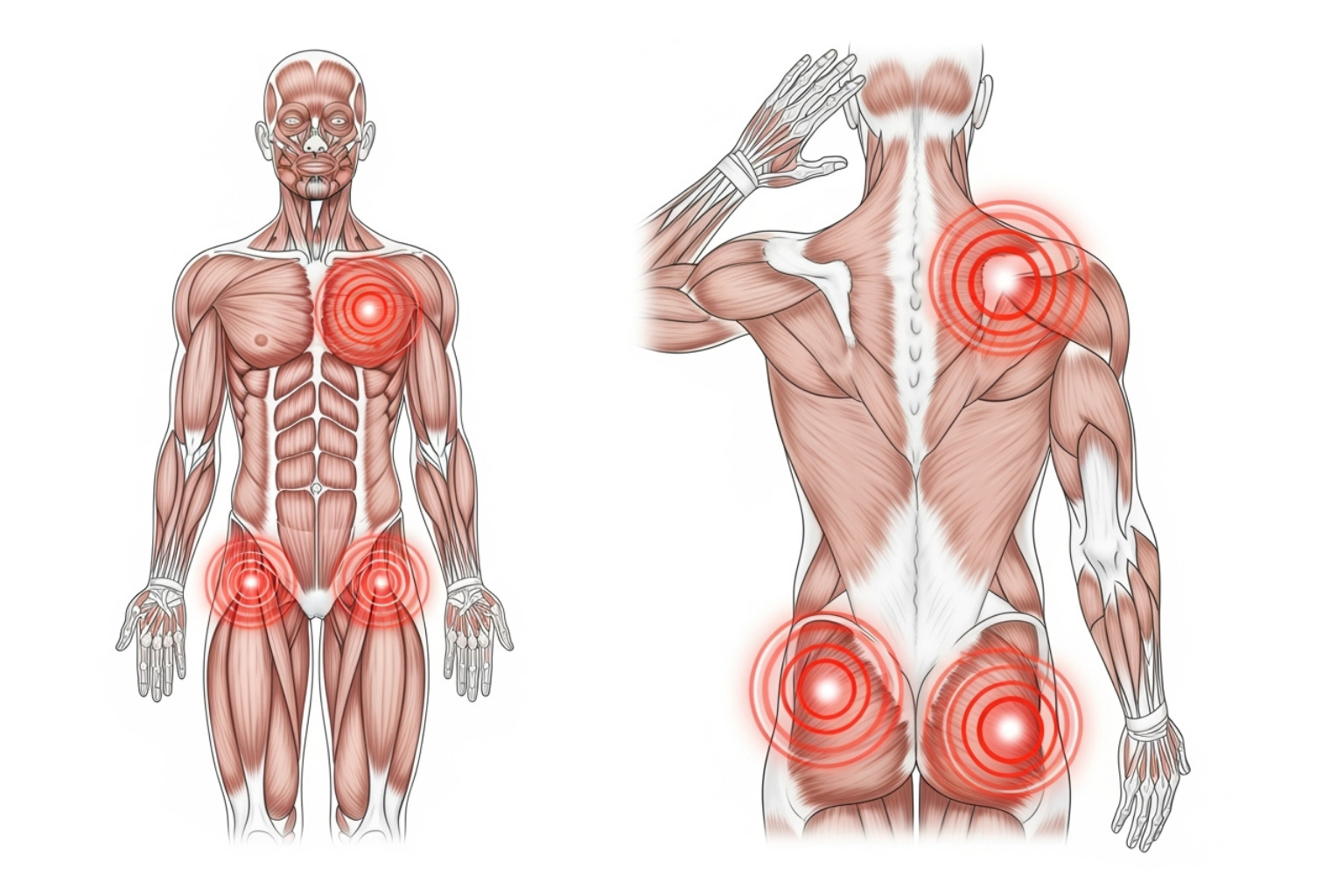 illustration showing common areas for muscle strains including hamstring, lower back, and shoulder with pain points highlighted - how to treat a pulled muscle illustration showing common areas for muscle strains including hamstring, lower back, and shoulder with pain points highlighted - how to treat a pulled muscle