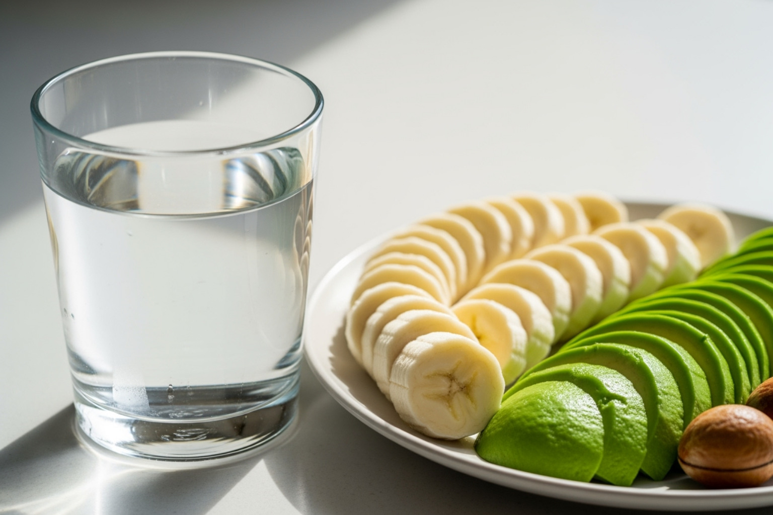 A glass of water next to electrolyte-rich foods like bananas and avocados - what causes muscle spasms
