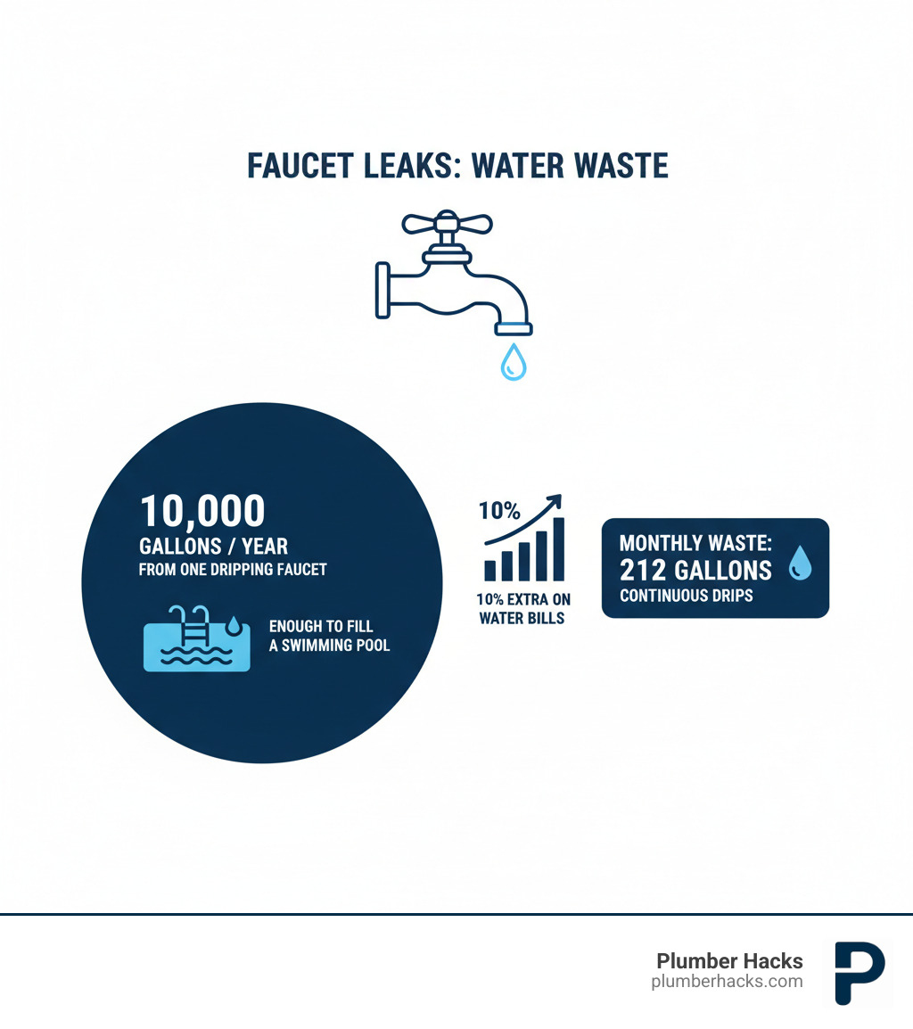Infographic showing annual water waste from faucet leaks: one dripping faucet wastes 10,000 gallons per year, enough to fill a standard swimming pool, costing homeowners approximately 10% extra on water bills, with monthly waste reaching 212 gallons from continuous drips - Faucet repair Columbus infographic 