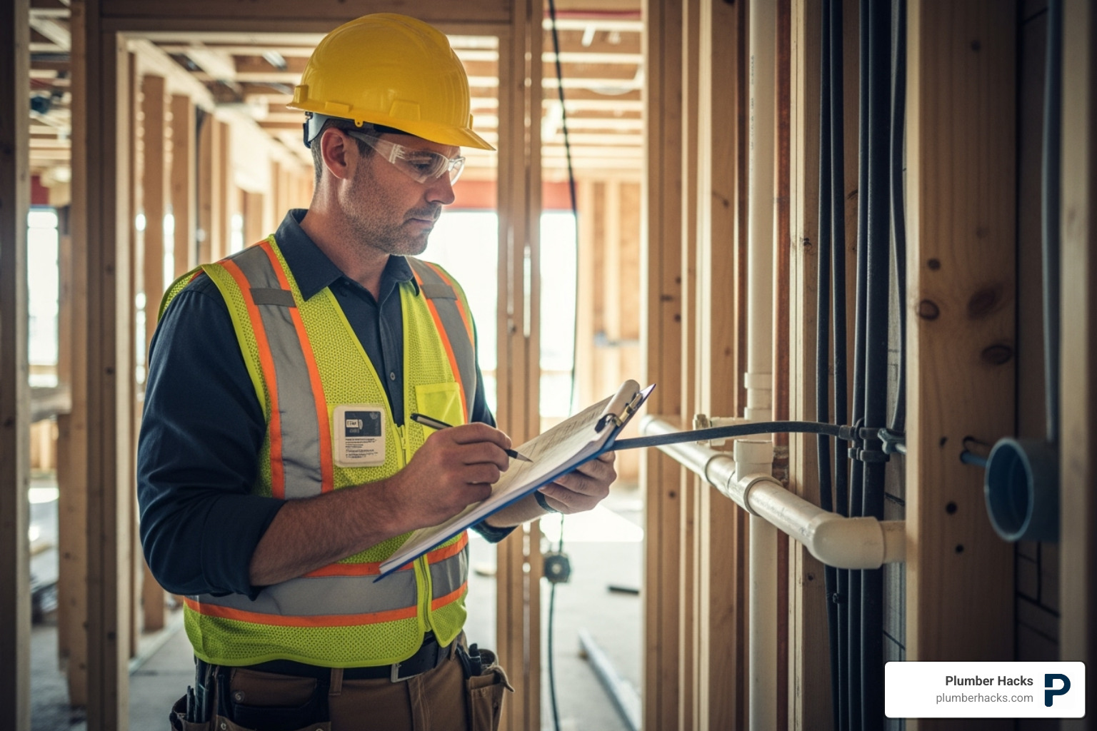 plumbing inspector reviewing pipework on a construction site - licensed plumbers