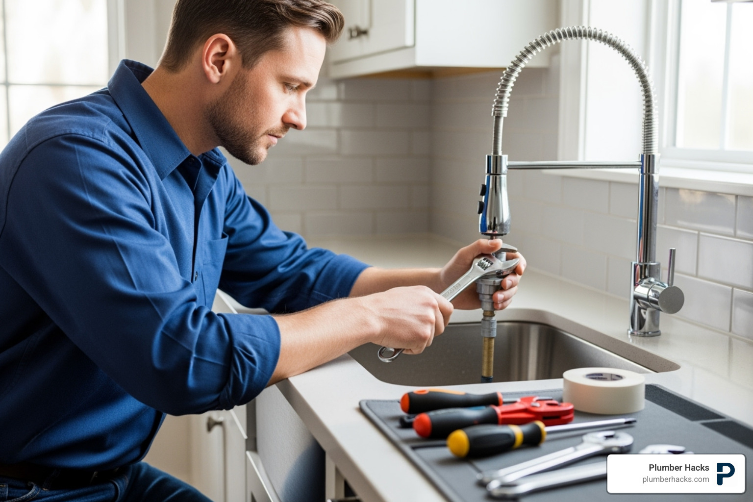 plumber working on a faucet - Faucet repair Columbus
