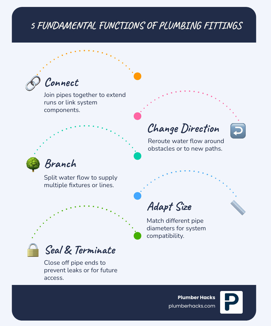 Infographic showing the four main functions of plumbing fittings: connecting two pipes in a straight line with a coupling, changing direction 90 degrees with an elbow, splitting flow into three directions with a tee, and reducing pipe size with a reducer fitting - plumbing fittings guide infographic infographic-line-5-steps-blues-accent_colors