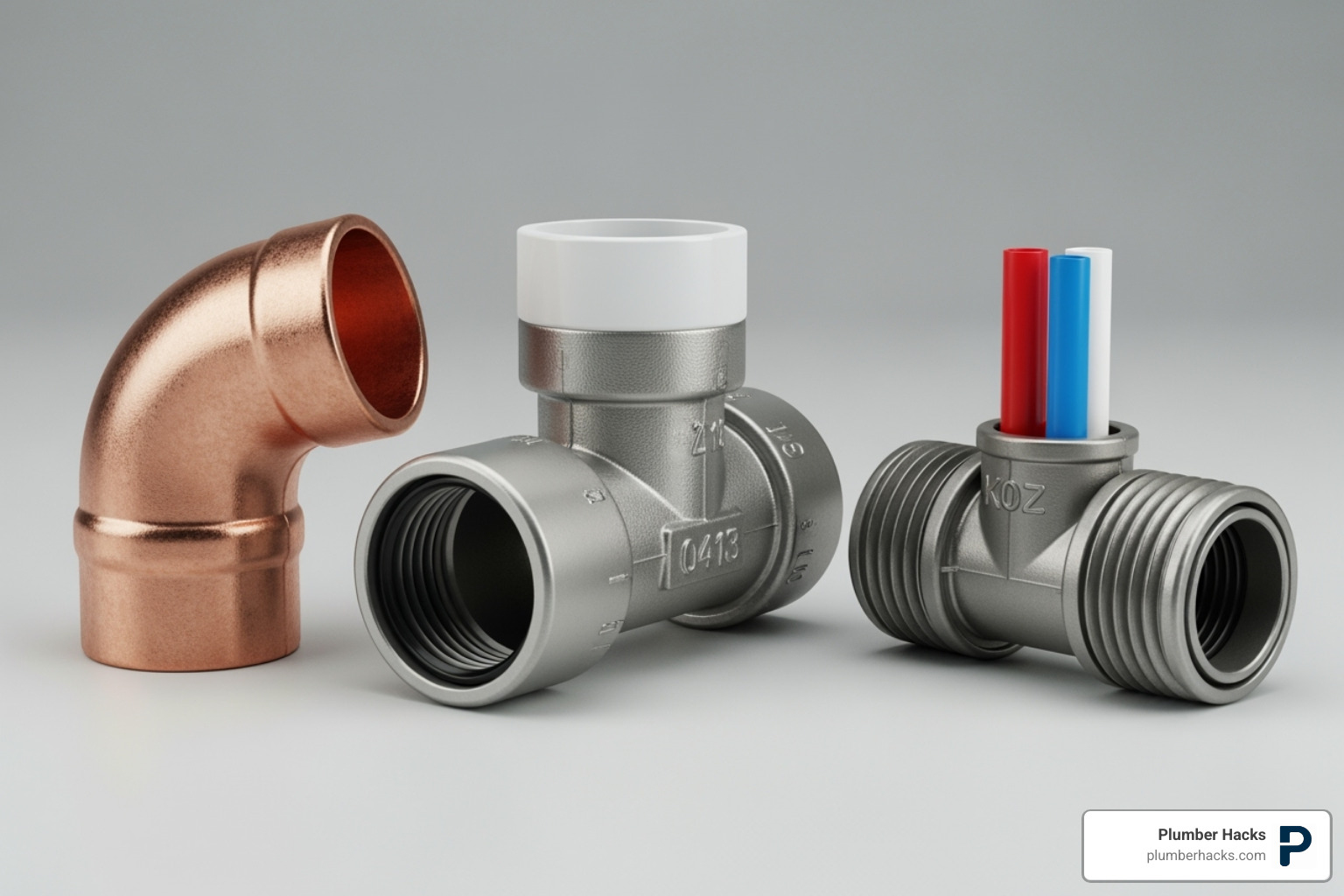 labeled common fittings including an elbow, tee, and coupling - plumbing fittings guide