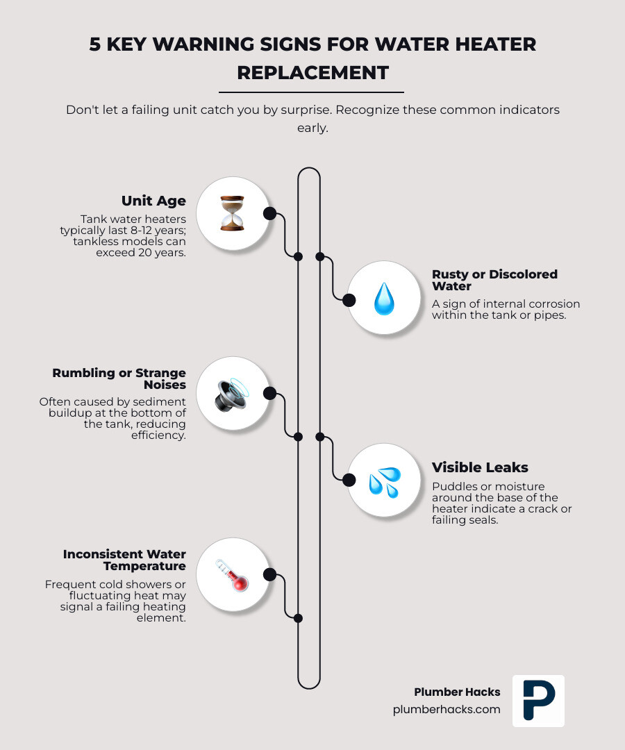 Infographic showing 5 key warning signs for water heater replacement: 1) Unit age over 8-12 years for tank models, 2) Rusty or discolored water indicating corrosion, 3) Rumbling noises from sediment buildup, 4) Visible leaks or moisture around the base, 5) Inconsistent water temperature or frequent cold water complaints - Water heater replacement Columbus infographic infographic-line-5-steps-elegant_beige