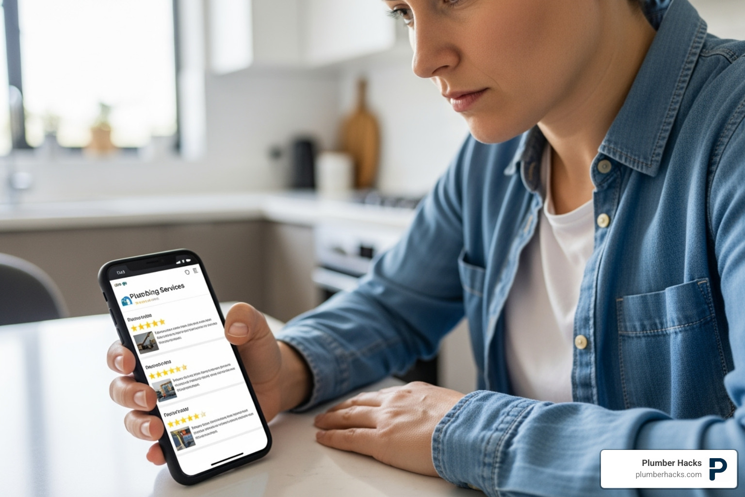 person reading plumbing reviews on smartphone - plumbers in Columbus