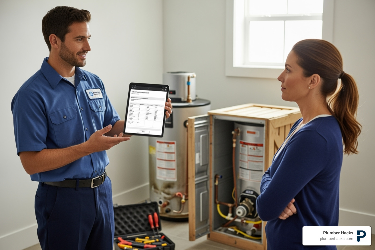 plumber providing transparent quote to homeowner - Water heater replacement Columbus