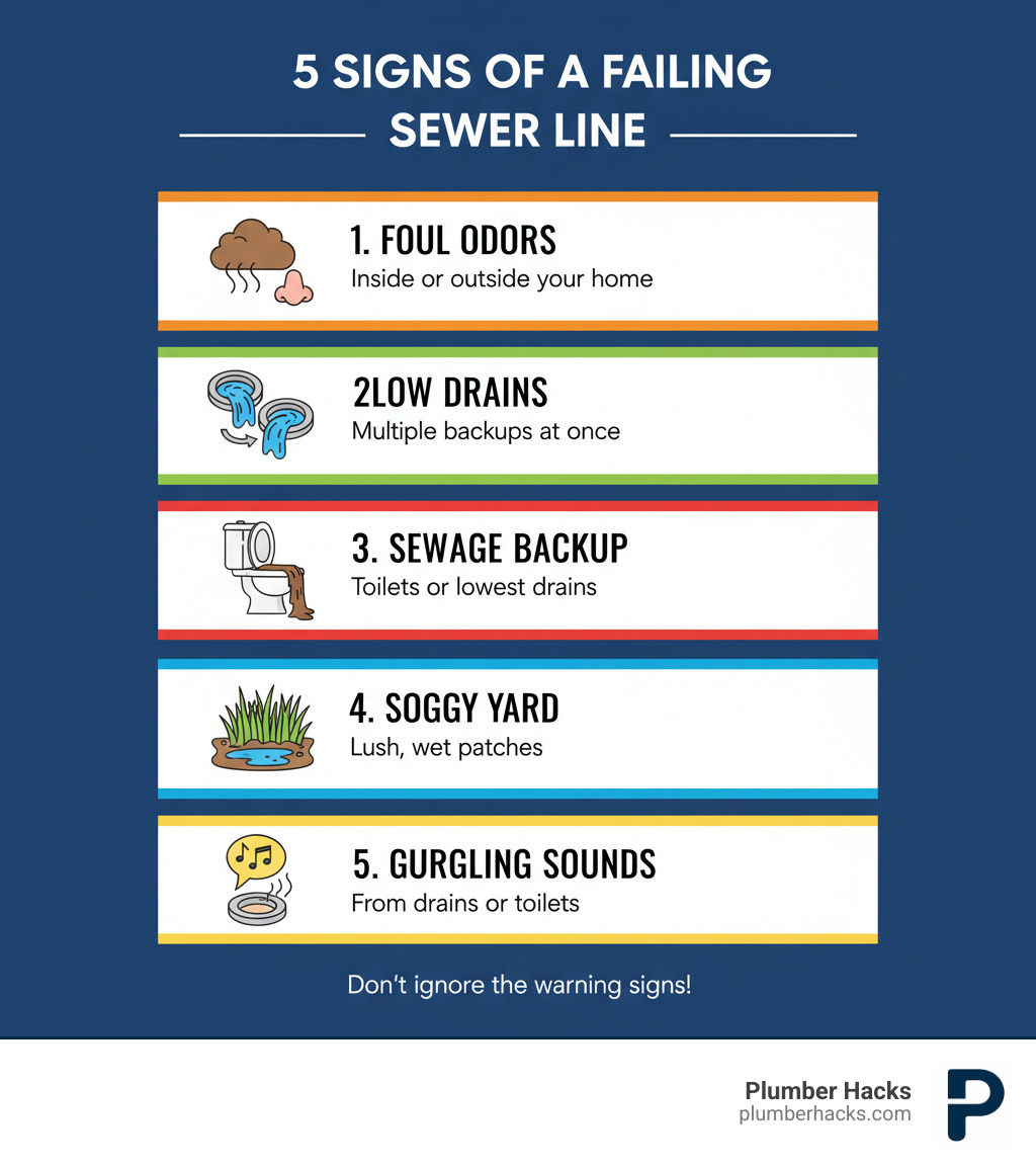 Infographic showing the top 5 signs of a failing sewer line: 1. Foul sewage odors inside or outside your home, 2. Multiple drains backing up or draining slowly at once, 3. Sewage backup in toilets or lowest drains, 4. Unusually lush or soggy patches in your yard, 5. Gurgling sounds from drains or toilets when water runs - sewer repair near me infographic 