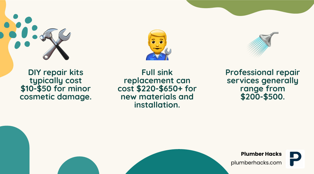 Table comparing the costs of DIY repair kits ($10-$50), professional repair by Plumber Hacks ($200-$500), and full sink replacement by Plumber Hacks ($220-$650+). - Bathroom sink repair infographic 3_facts_emoji_nature