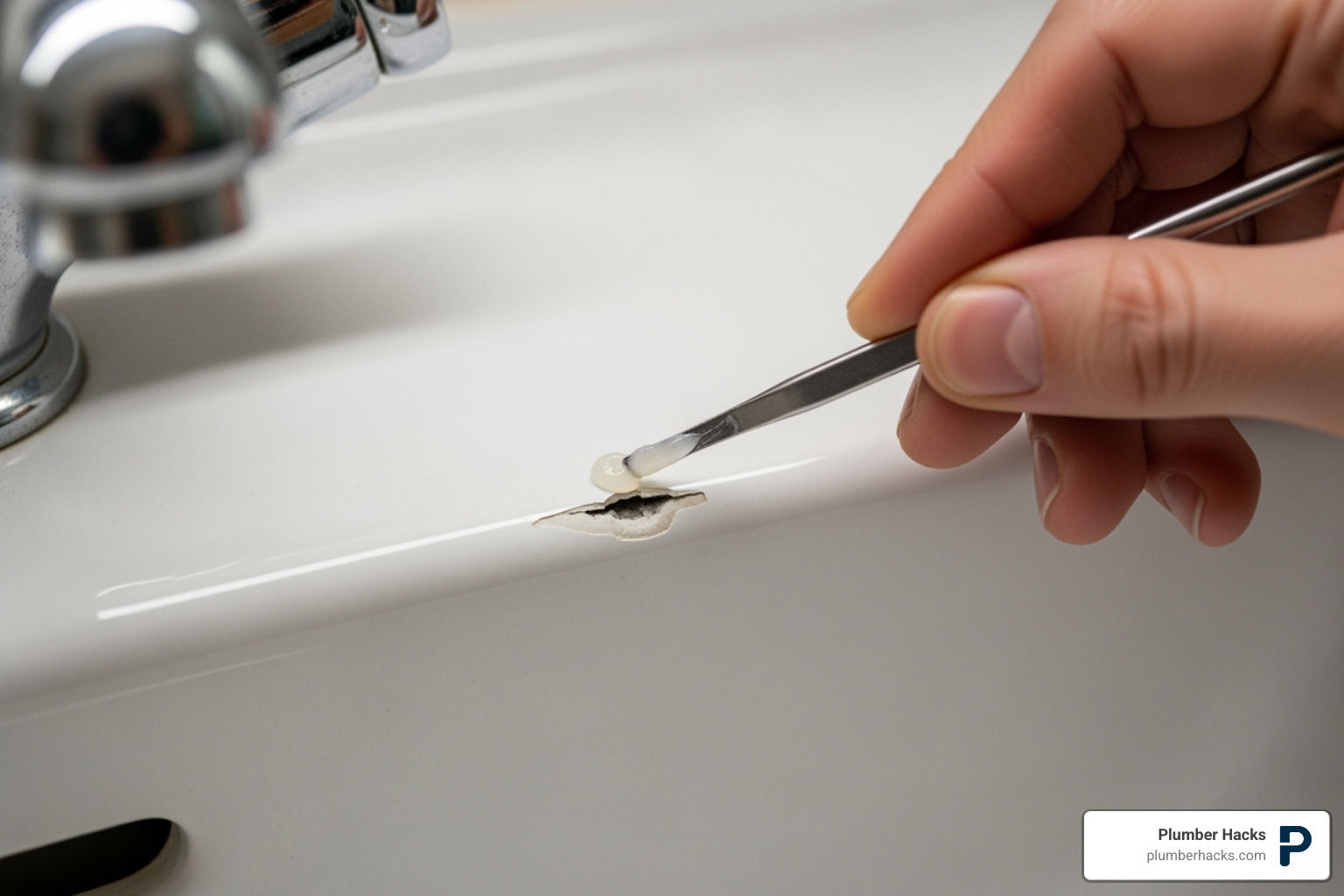 A person carefully applying epoxy to a small chip on a sink - Bathroom sink repair