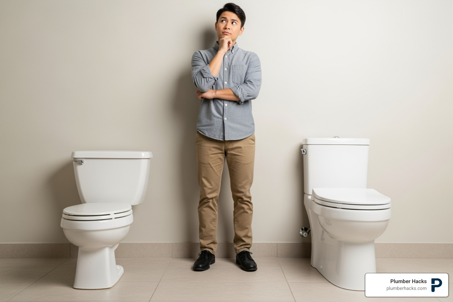 person comparing an old toilet to a new high-efficiency model - Toilet repair Columbus