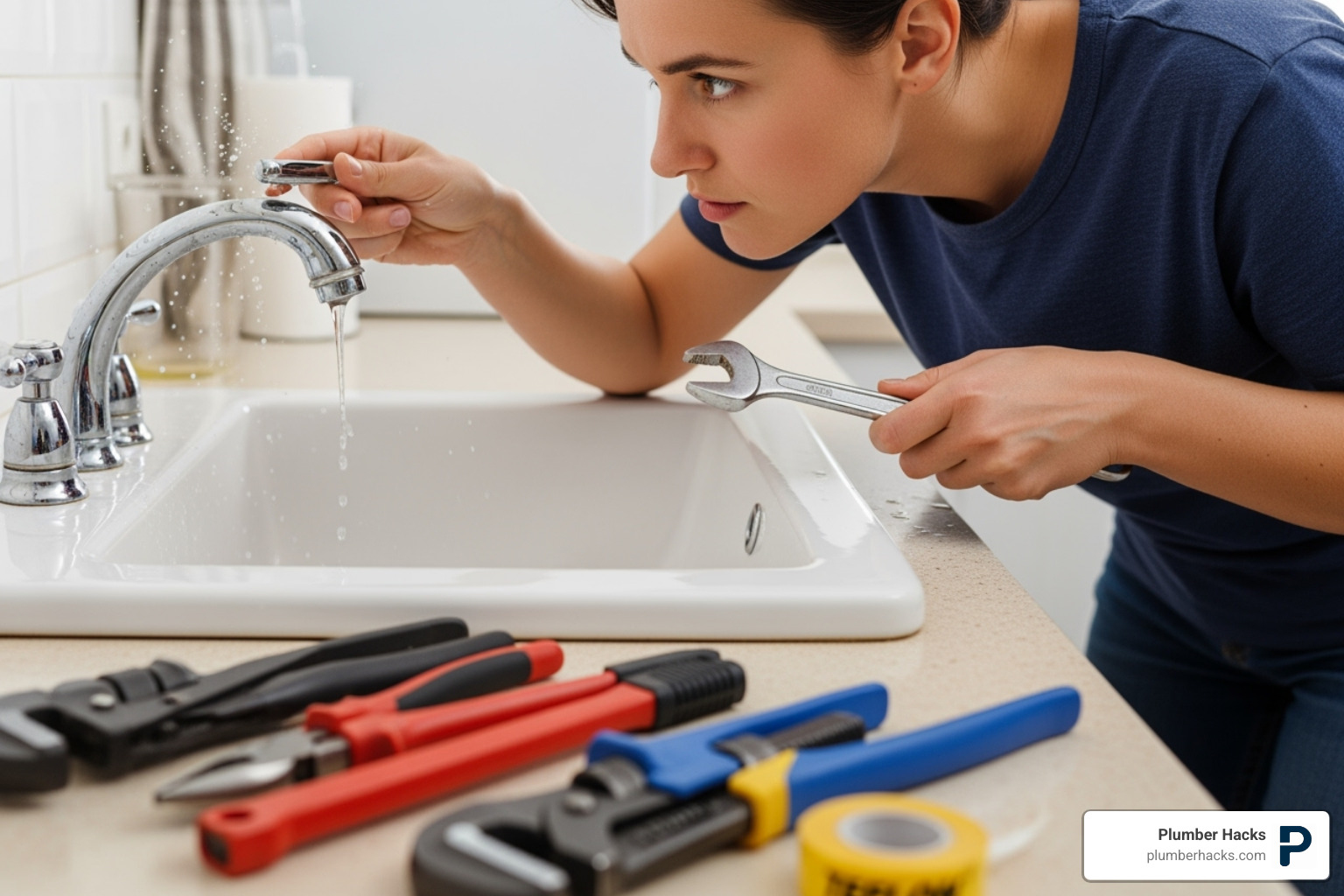 homeowner troubleshooting leaky faucet - plumbing guides