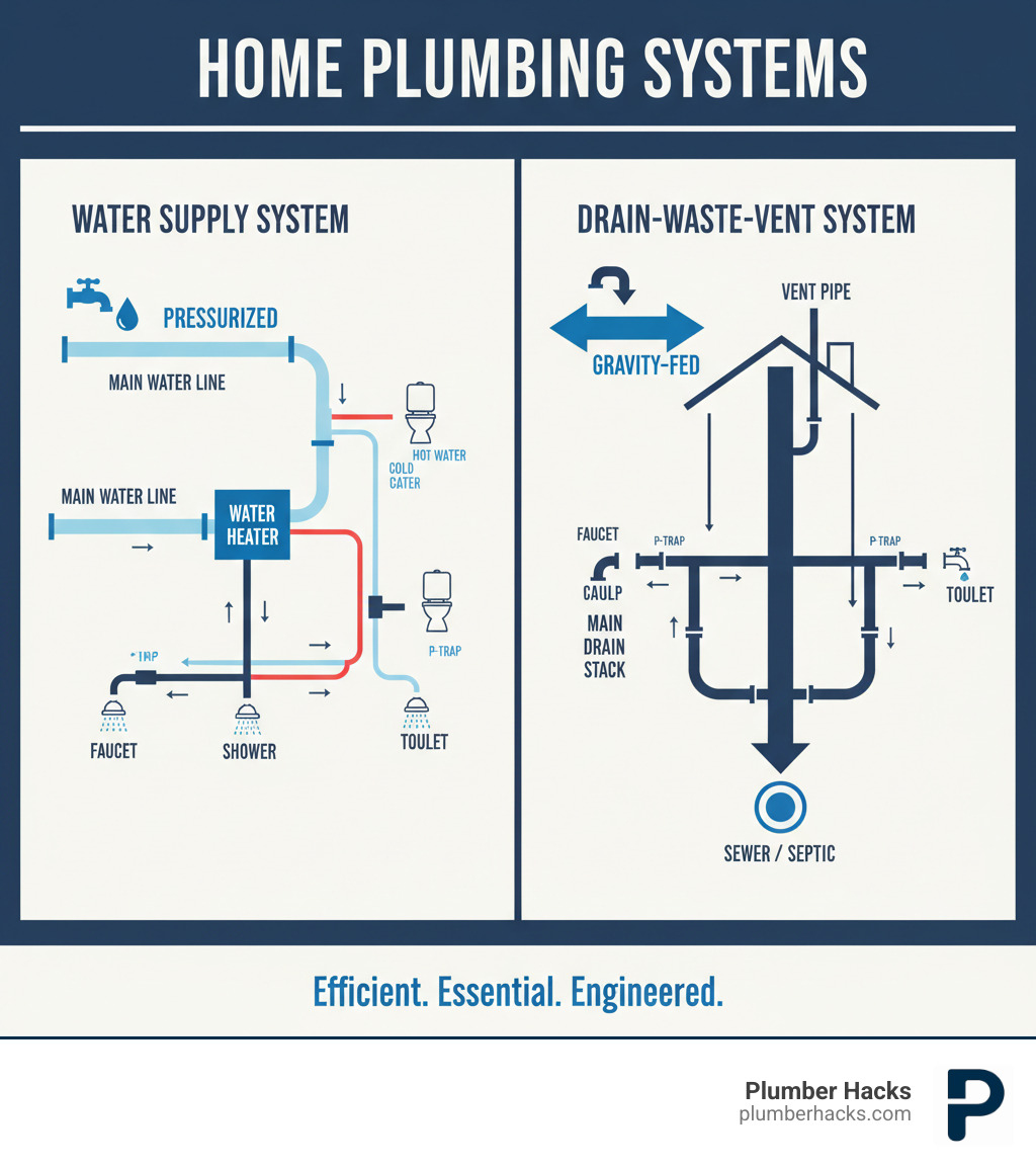 Infographic showing two main plumbing subsystems: Water Supply System (pressurized cold and hot water lines from main supply through water heater to fixtures) and Drain-Waste-Vent System (gravity-fed drainage from fixtures through P-traps and vent pipes to sewer or septic) - plumbing guides infographic 