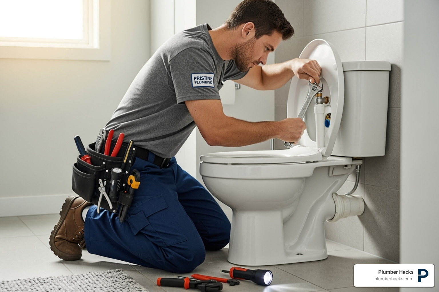 professional plumber working on a toilet - Toilet repair Columbus