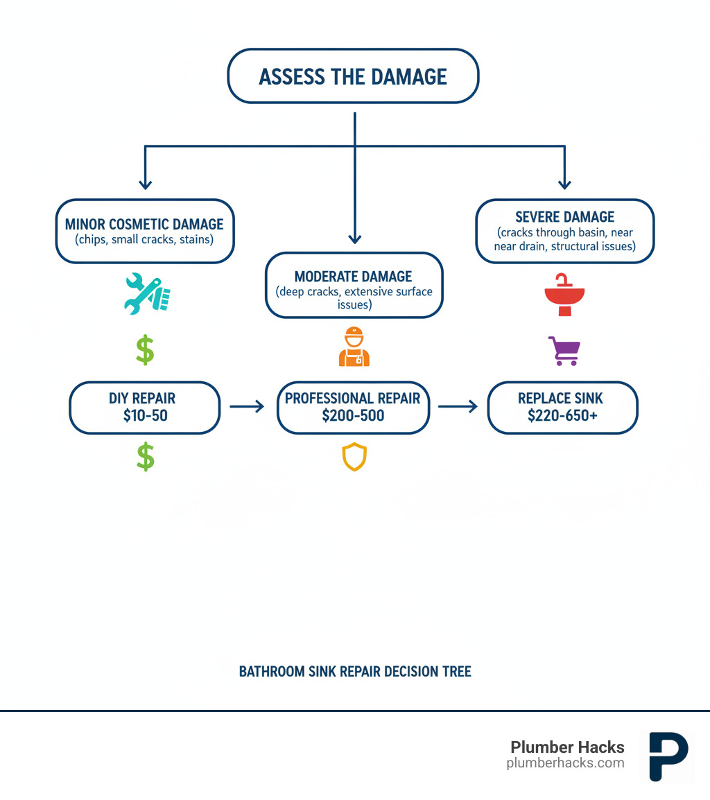 Infographic showing a decision tree for bathroom sink repair: Start with "Assess the Damage" branching to three paths - "Minor cosmetic damage (chips, small cracks, stains)" leading to "DIY Repair $10-50", "Moderate damage (deep cracks, extensive surface issues)" leading to "Professional Repair $200-500", and "Severe damage (cracks through basin, near drain, structural issues)" leading to "Replace Sink $220-650+". Each path includes icons showing tools, a professional worker, and a new sink respectively. - Bathroom sink repair infographic 